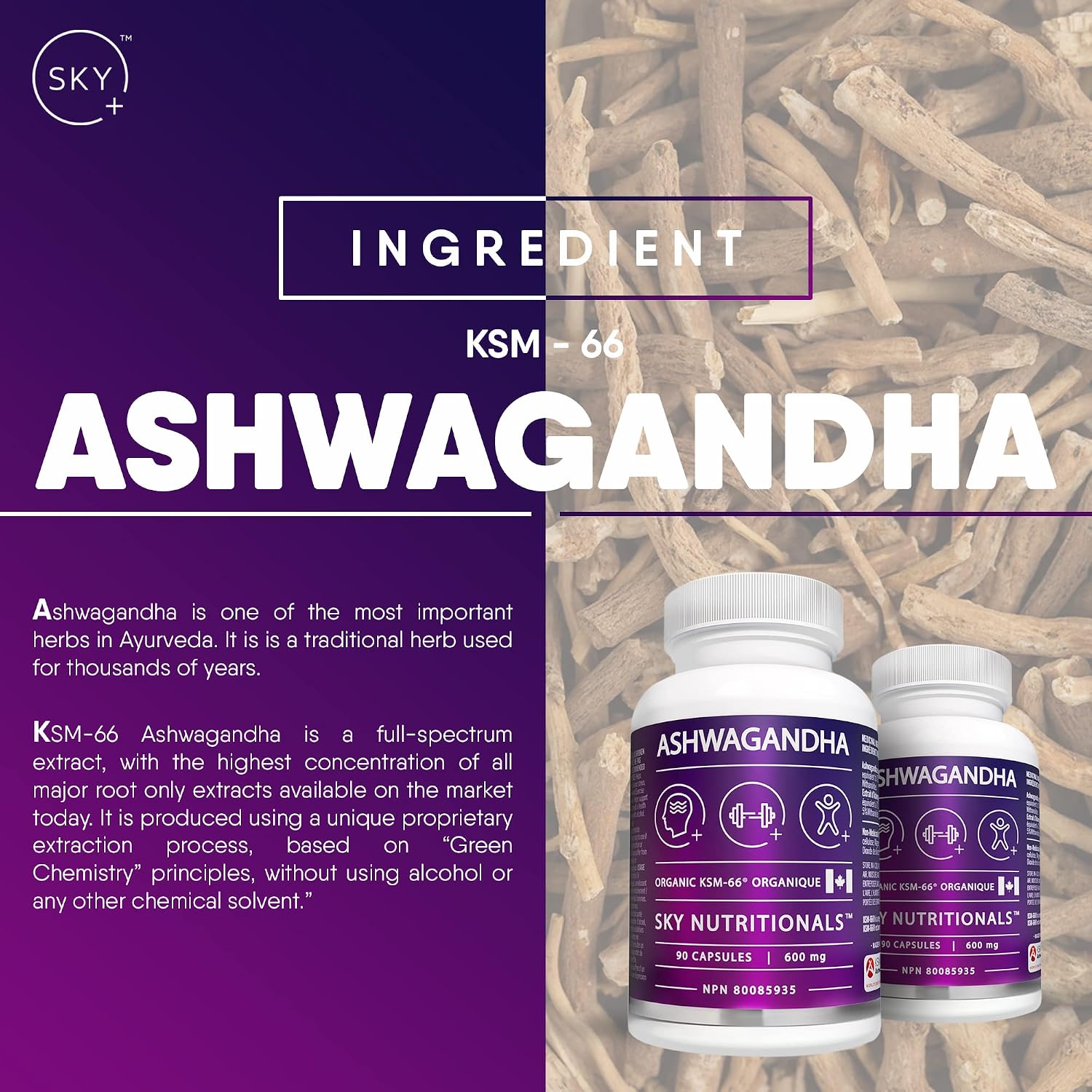 Detalle de Sky Nutritionals KSM-66 Organic Ashwagandha Capsules, 600 mg, 270 Count