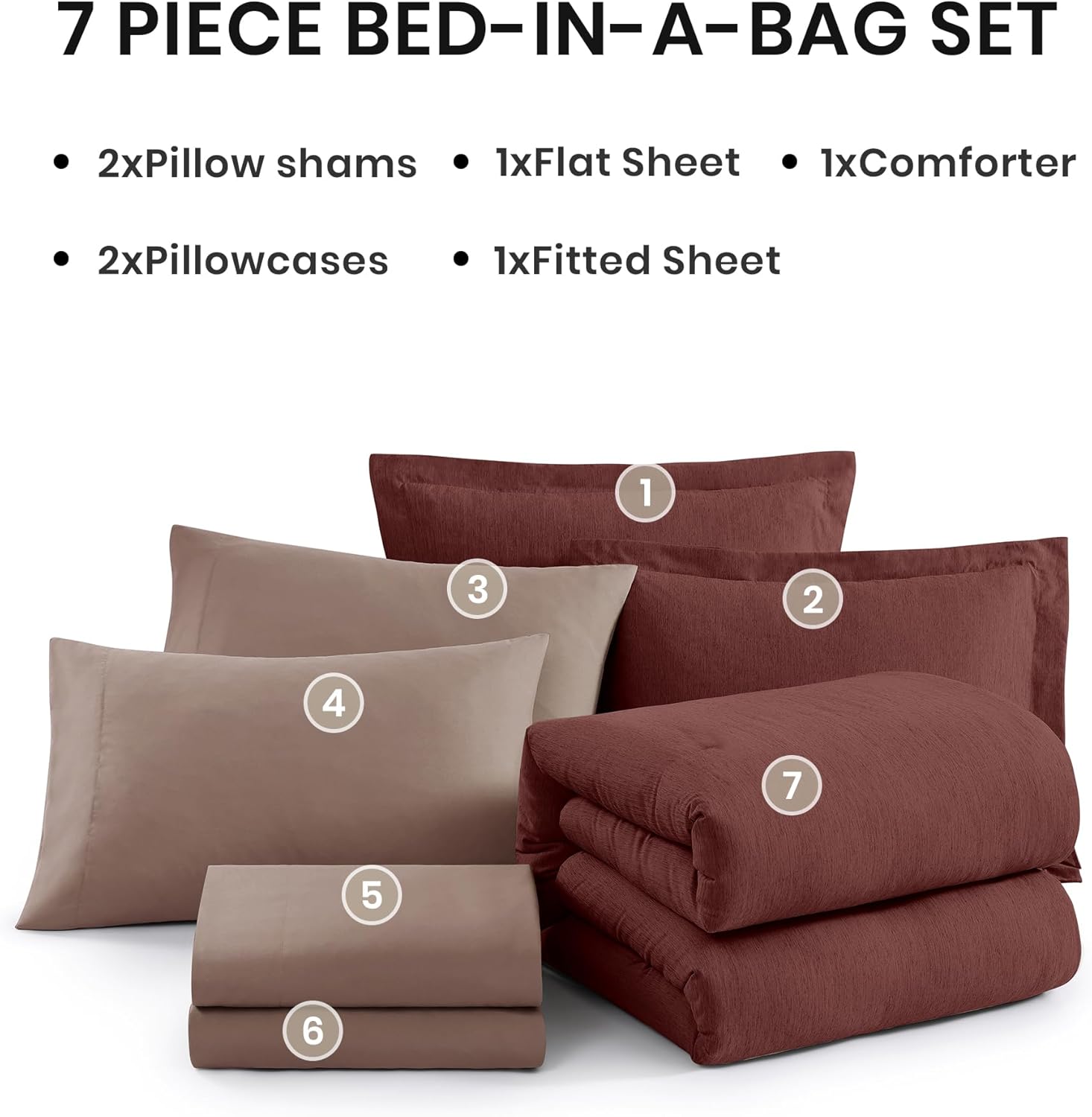 Thumbnail 6 de Monbix Queen Comforter Set - 7 Pieces, Cationic Dyeing, Dark Red Bed in a Bag