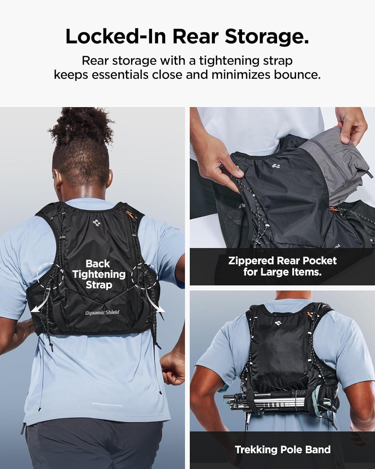 Detalle de Spigen A721 Gilet d’hydratation de course avec flasque 500 ml et support téléphone sécurisé (M/L ou L/XL) – Noir