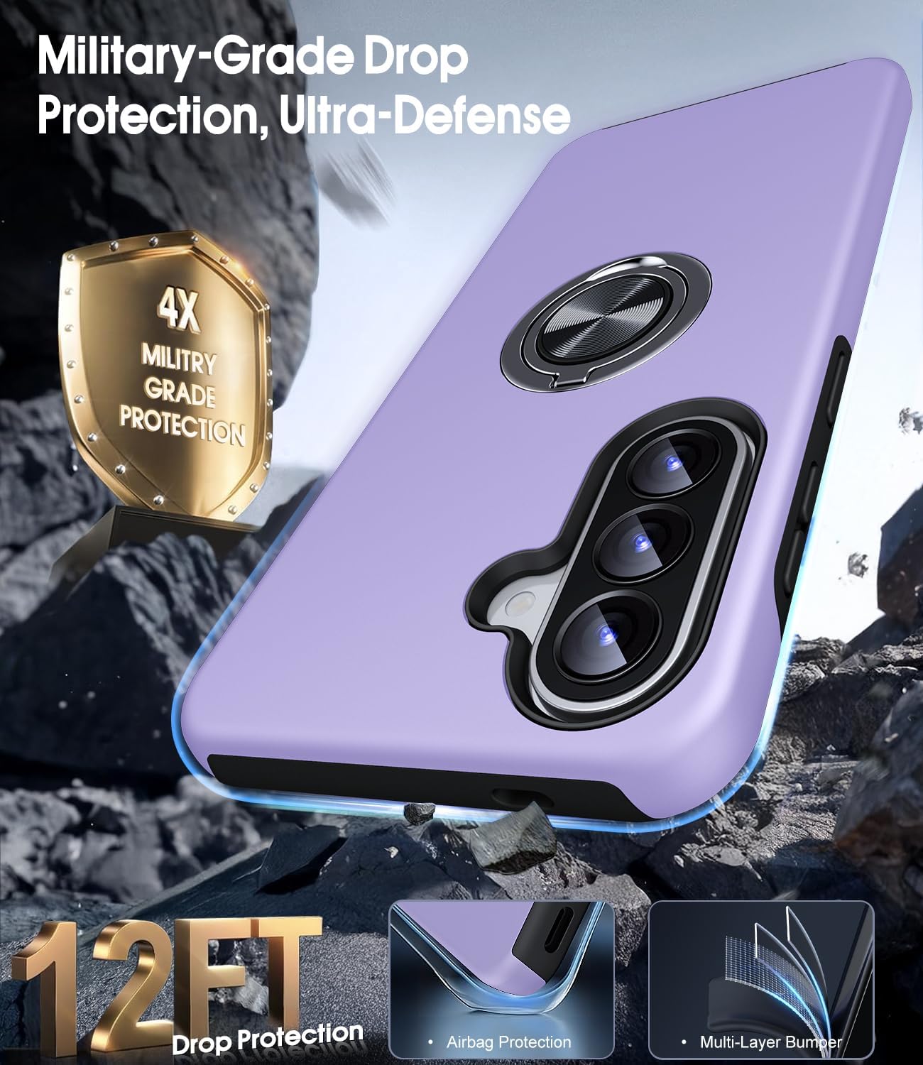 Detalle de AOUIA Galaxy A57 5G case with 2 screen protectors, purple – shockproof with 360° rotating ring kickstand