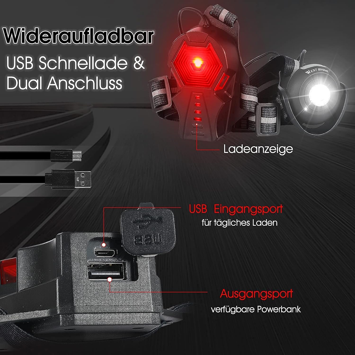 Detalle 2 de HONGYEA 304A-Running lamp borstlamp, USB-oplaadbaar, 500 lumen