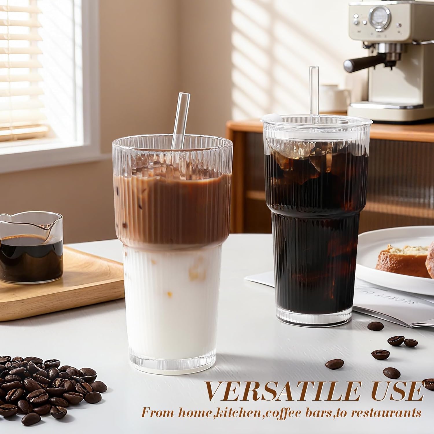 Thumbnail 6 de Ribbed Glass Iced Coffee Cups with Lids, Straw & Leak-Proof Design (Set of 4) – 20oz Tumblers