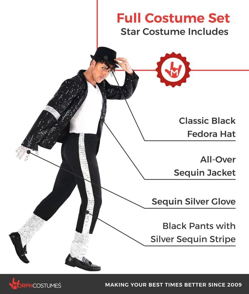 Detalle 2 de Morph Popstar Costume for Men with Black Sparkle Jacket, Silver Gloves & Fedora