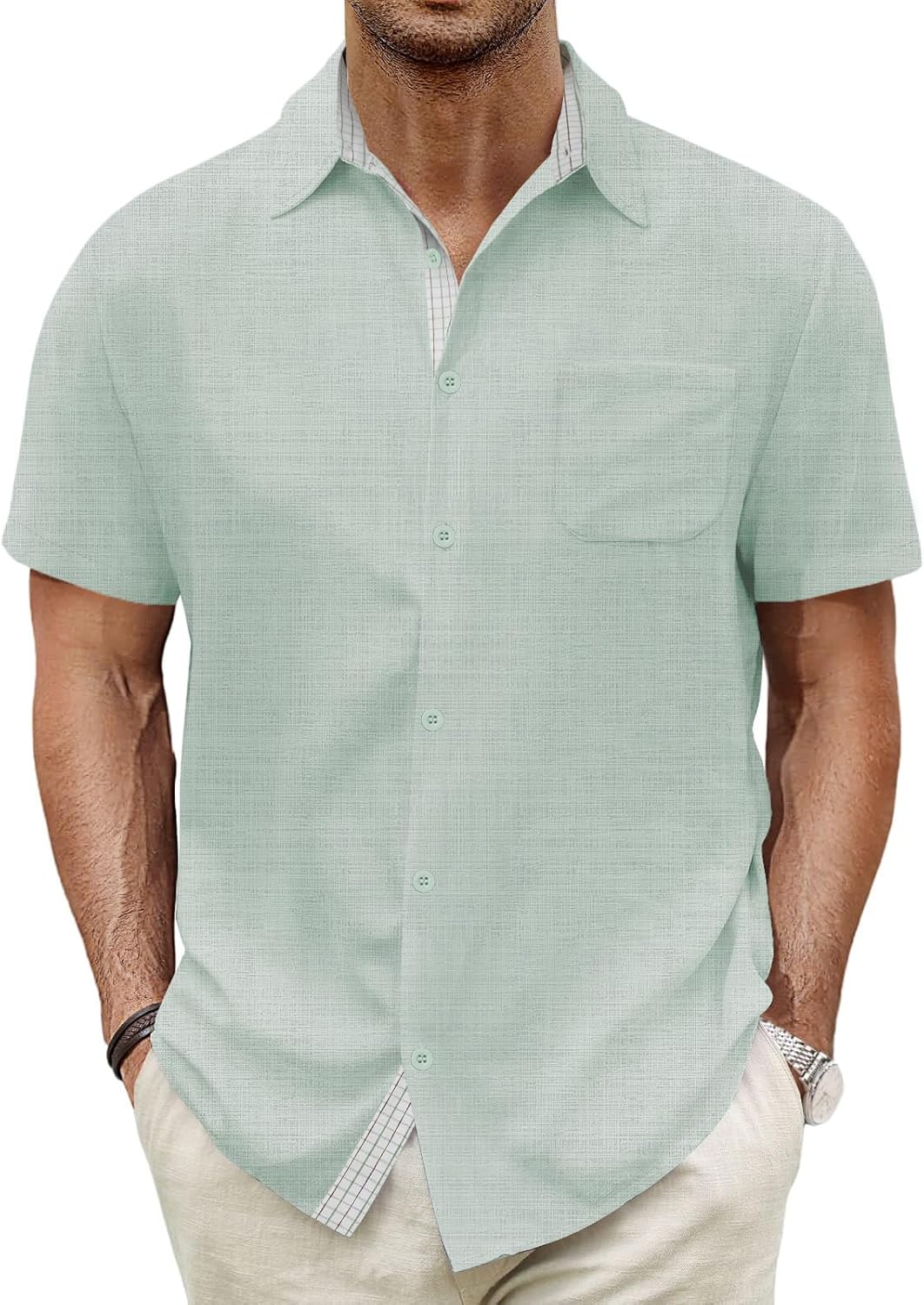 Detalle 2 de HMIYA Herren Kurzarm Hemd aus 100% Baumwolle – Button Down, Sommer, Regular Fit