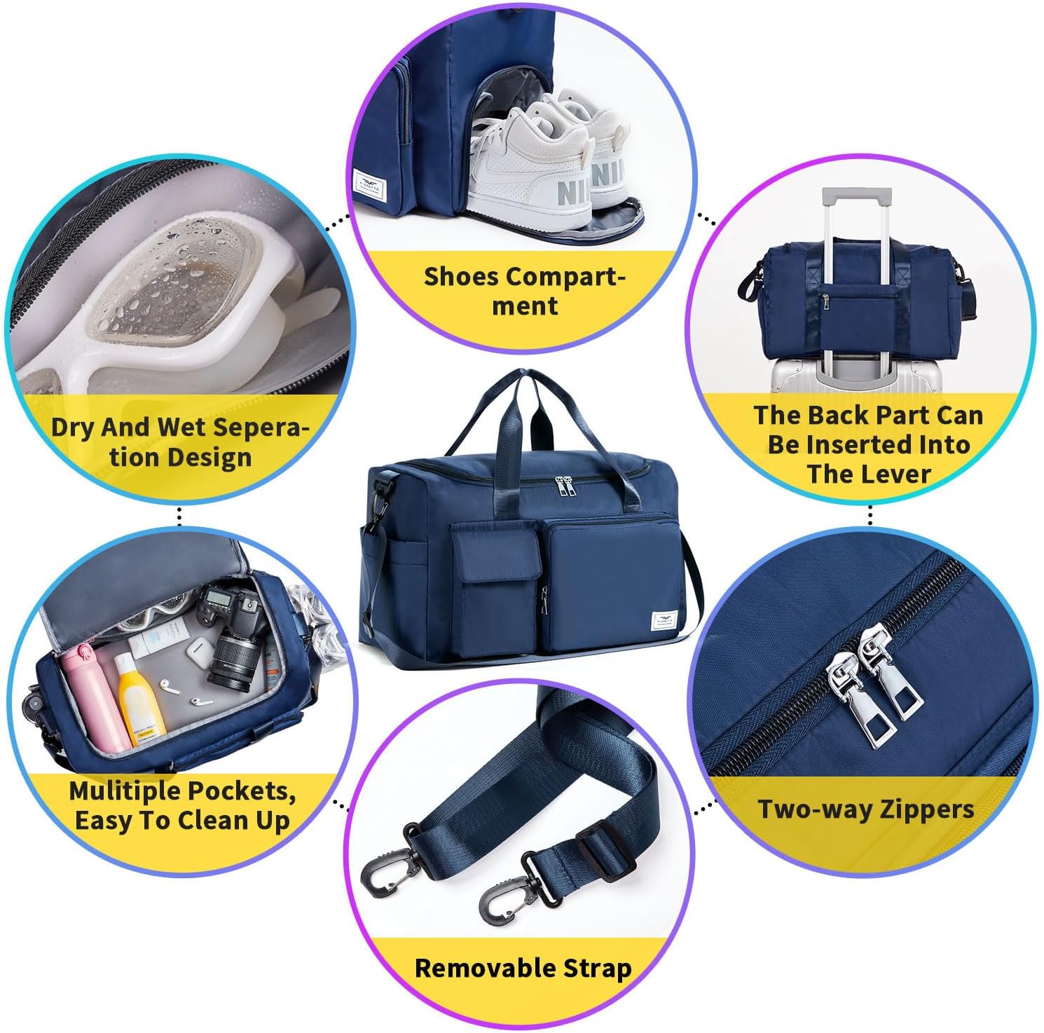 Detalle de FIORETTO Gym Bag with Wet Pocket and Shoe Compartment – 30L, Foldable & Water-Resistant