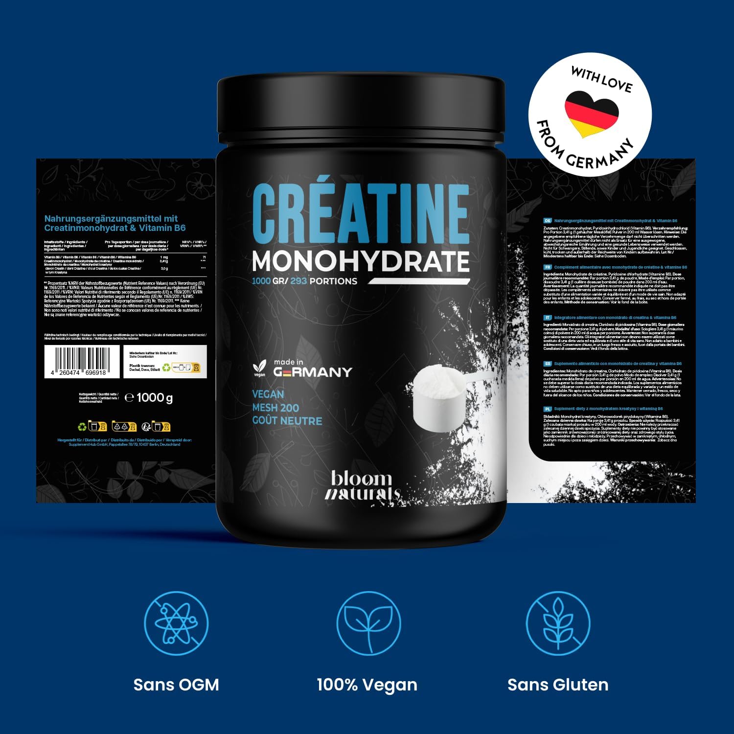 Detalle de Créatine Monohydrate Poudre 1000 g – Mesh 200, goût neutre, vegan – testée en laboratoire