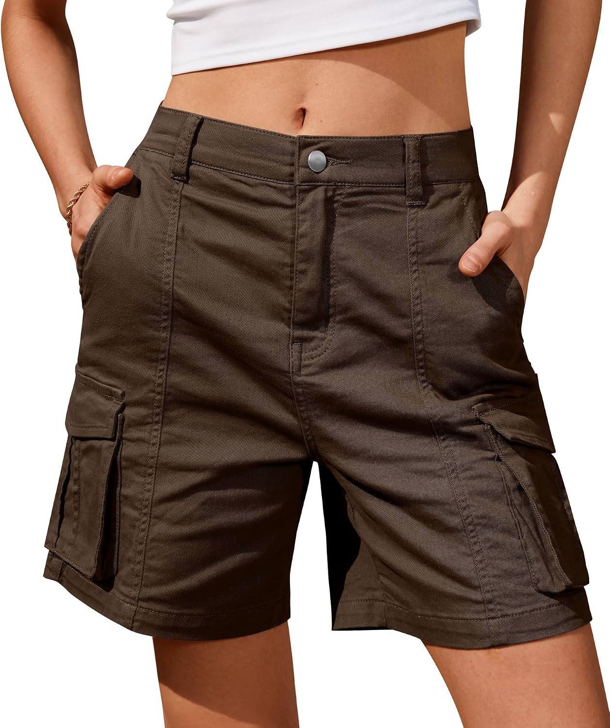 Detalle de IVIR Women's Bermuda Cargo Shorts, Knee-Length, Elastic Waist, 6 Pockets