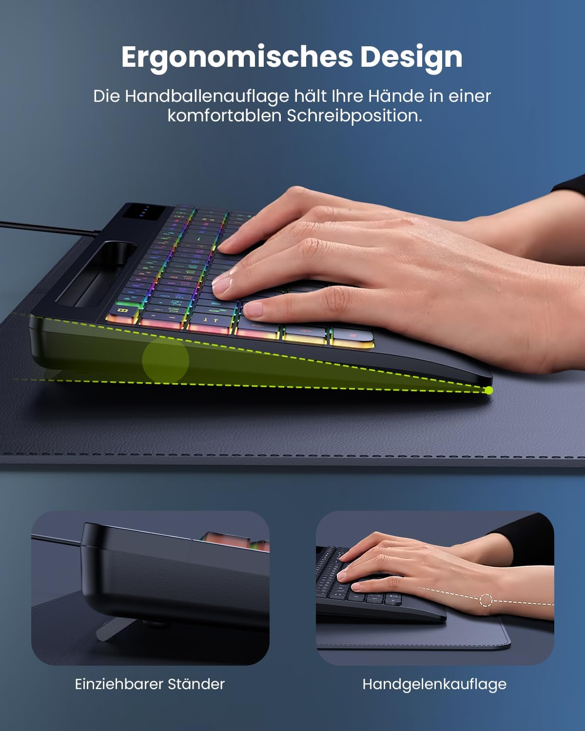 Thumbnail 3 de seenda KOE200 kabelgebundene beleuchtete Tastatur mit USB-A- & USB-C, ergonomisch mit Handgelenkauflage