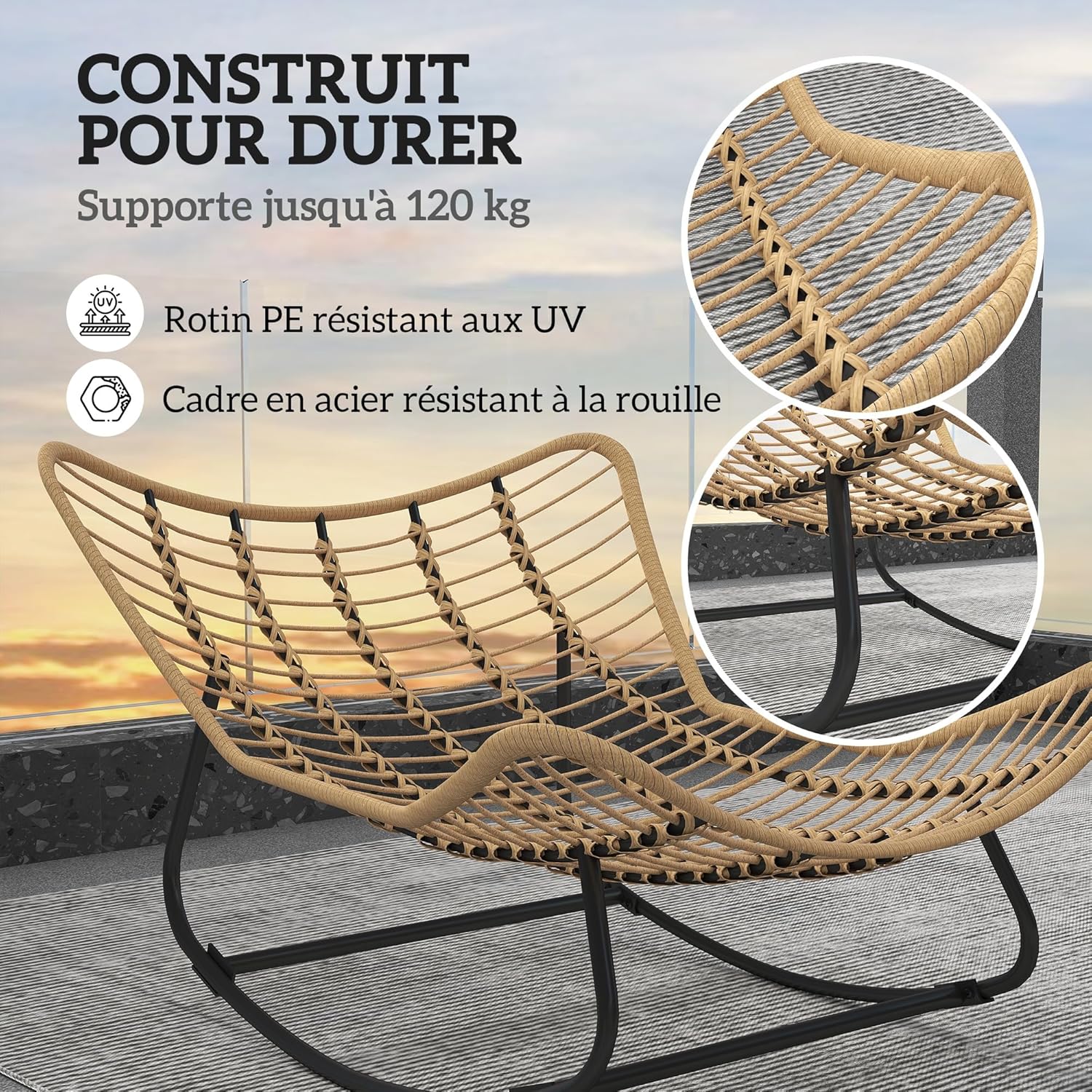 Thumbnail 5 de Outsunny Fauteuil à Bascule en forme d'œuf – résine tressée, coussin rembourré, crème