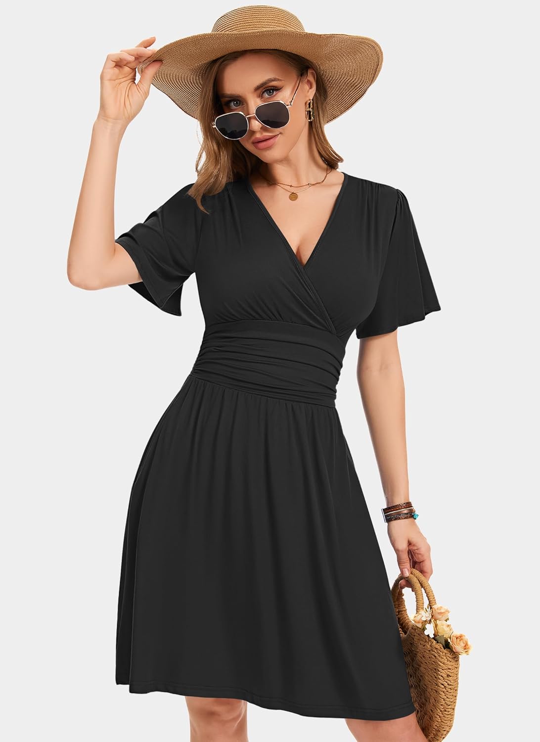 Thumbnail 2 de WNEEDU Sommerkleid Damen Elegant Wickelkleid mit Empire-Taille, V-Ausschnitt und Taschen