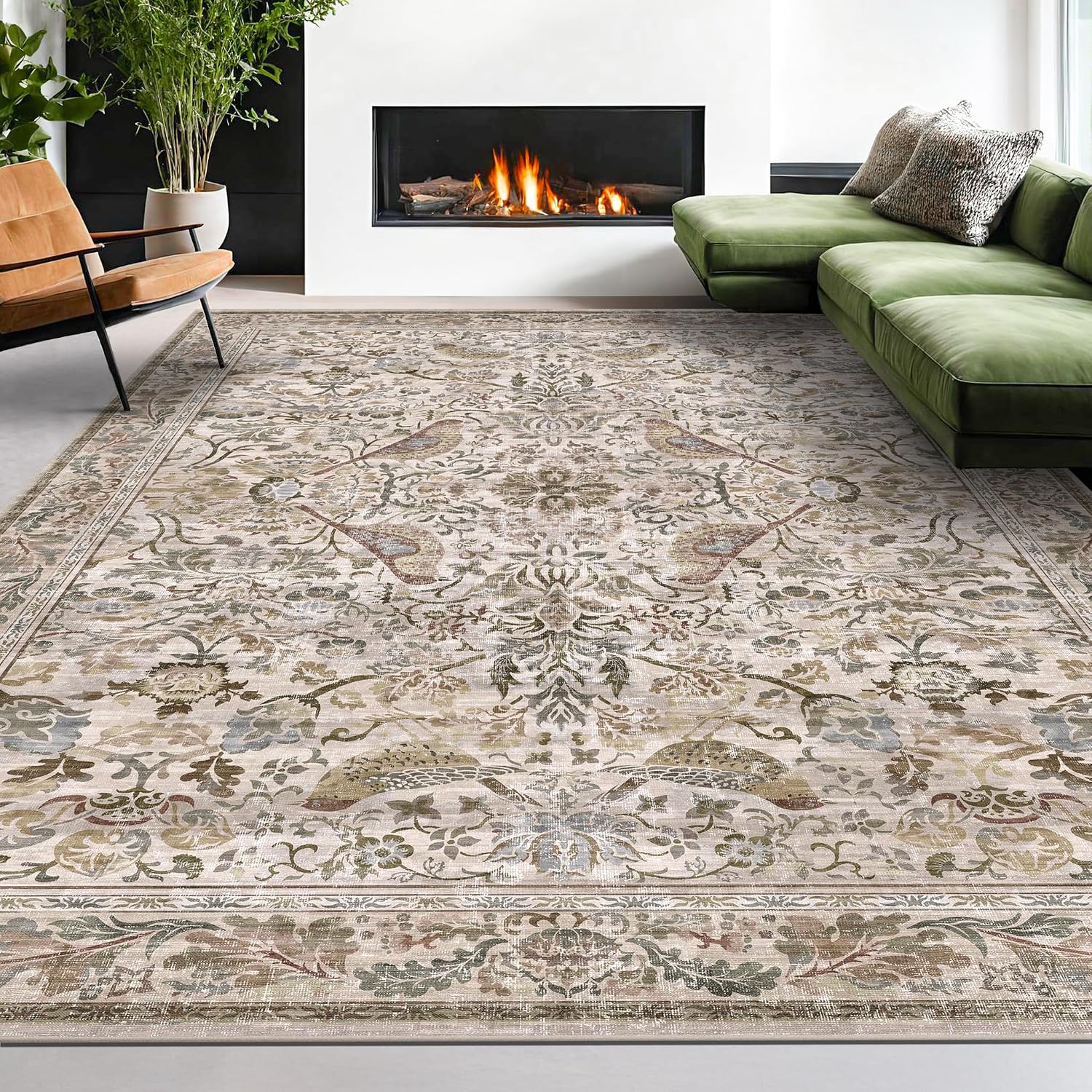 Detalle de Hazo Haus 9' x 12' Floral Area Rug with Bird Motif, Low Pile, Washable