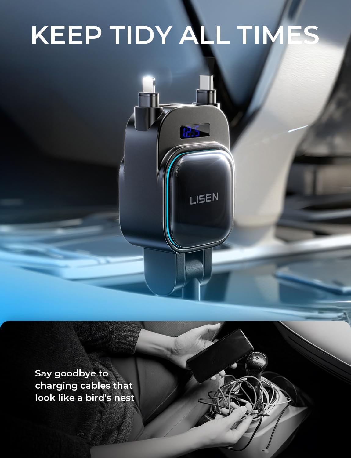 Thumbnail 3 de LISEN 96W Retractable USB‑C Car Charger Adapter — 4‑in‑1, 180° Rotating 96W Power Hub