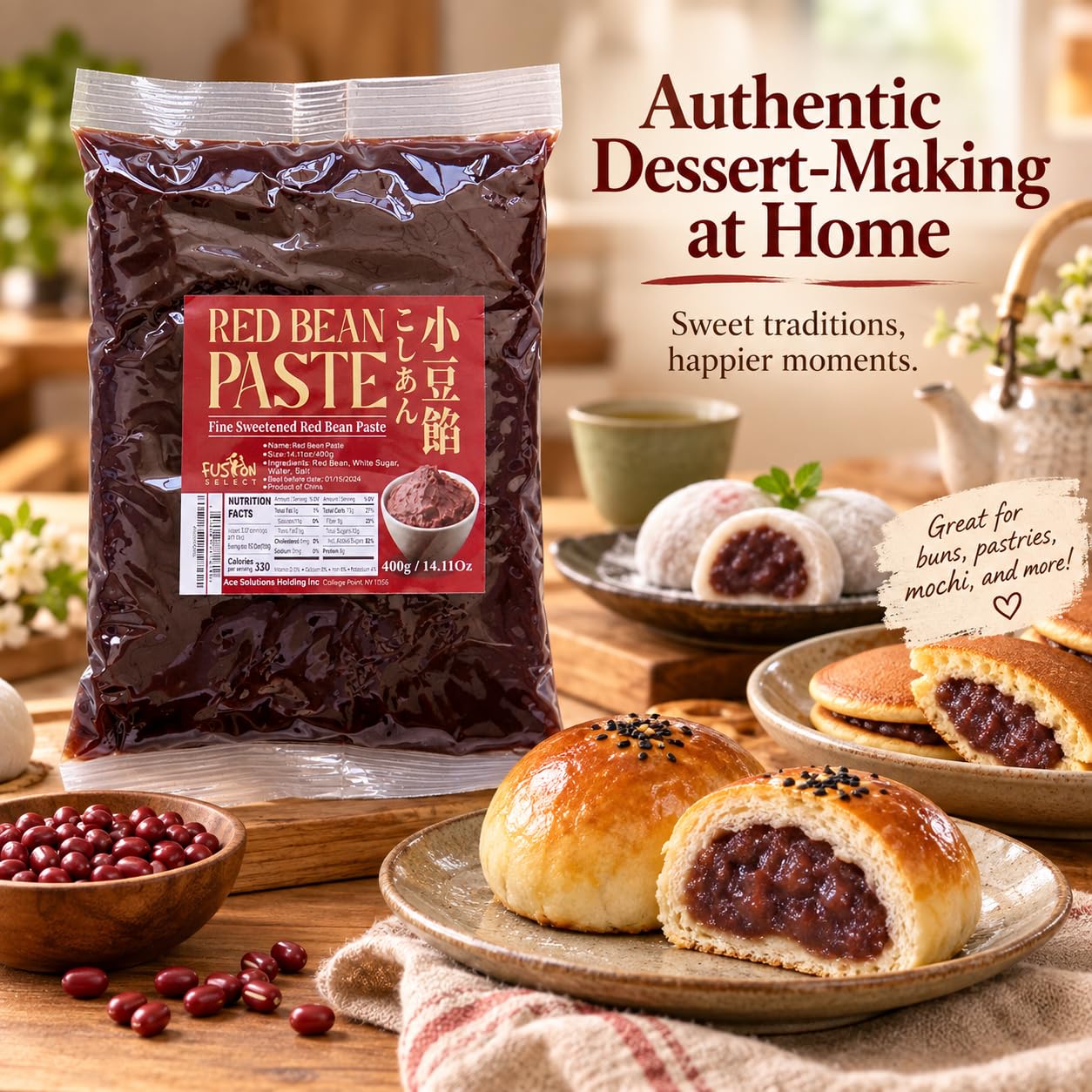 Detalle 2 de Fusion Select Sweetened Red Bean Paste, 2-Pack for Mochi, Buns & Pastries