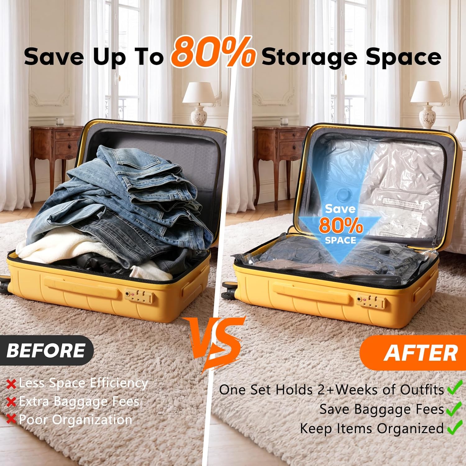 Detalle de 15 Pack Vacuum Storage Bags for Travel with Rechargeable Cordless Pump — Space Saver Set