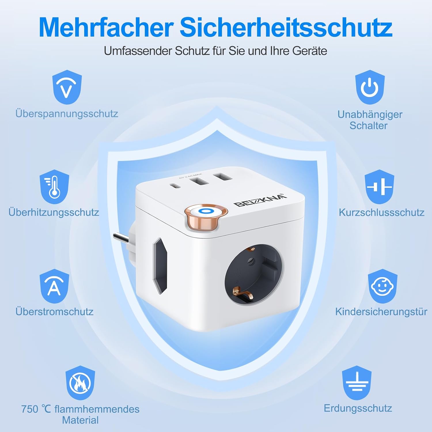 Thumbnail 4 de Beizkna Steckdosenwürfel ohne Kabel – 3-fach Mehrfachsteckdose mit USB‑C, 6‑in‑1 Würfeladapter (weiß)