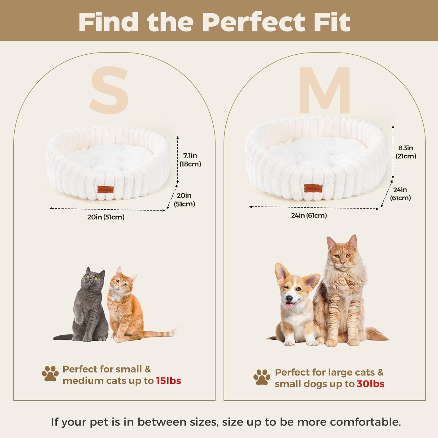 Detalle de Avont Cat Bed for Indoor Cats – Fluffy Washable, Raised Rim and Non-Slip Base (S/M, Cream/Gray/Brown/Pink)