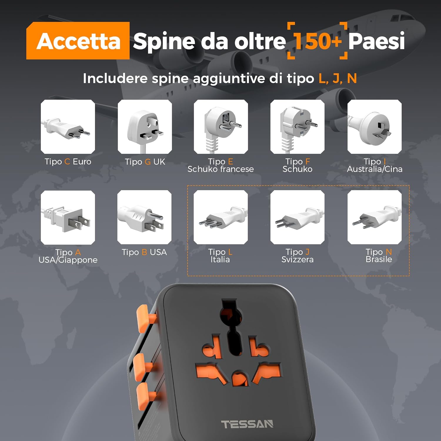 Detalle 2 de TESSAN Adattatore Universale da Viaggio 28 W con 3 USB-C e 2 USB-A – Spina EU/US/UK/AU, Nero