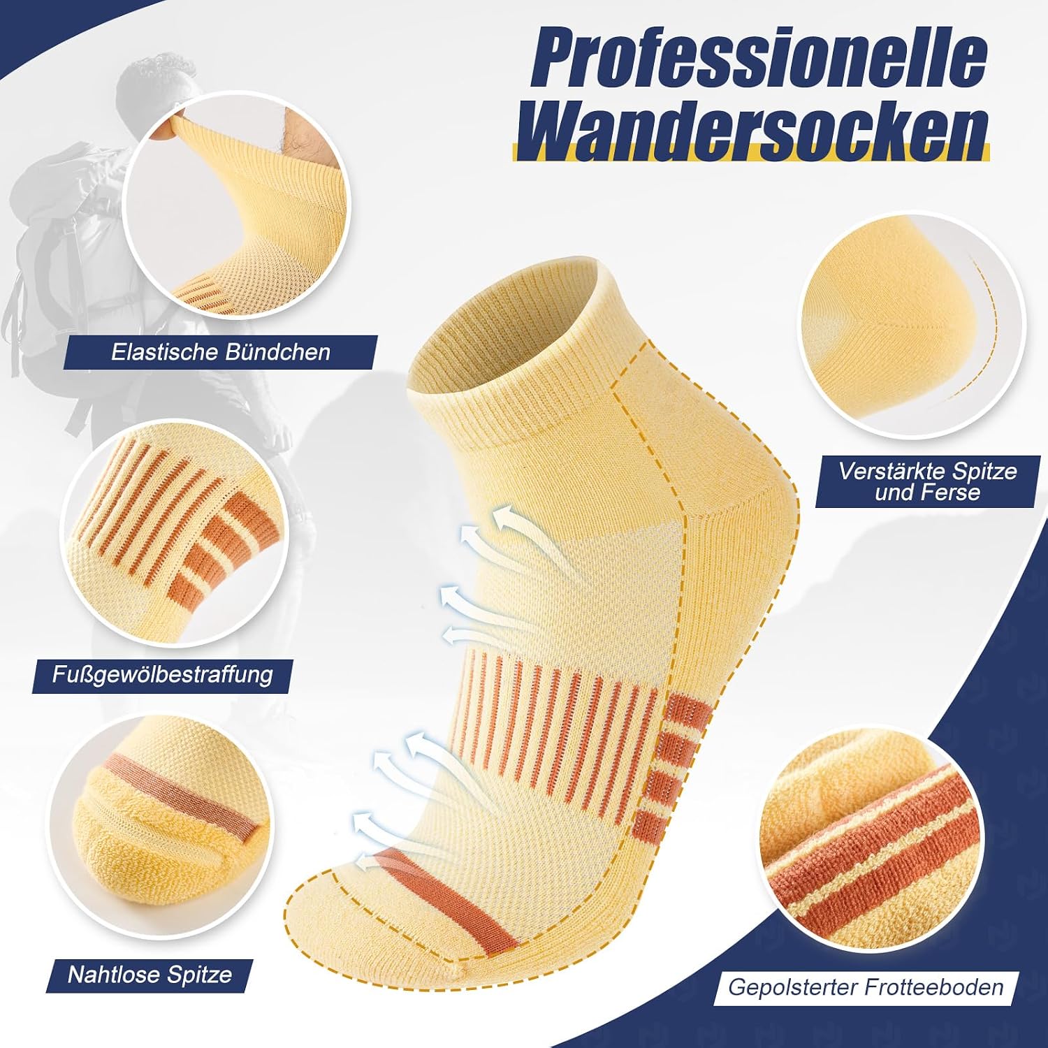 Detalle de Niofind Merino Wandersocken (Quarter) für Damen & Herren – atmungsaktiv, gepolsterte Laufsocken im 6er-Set