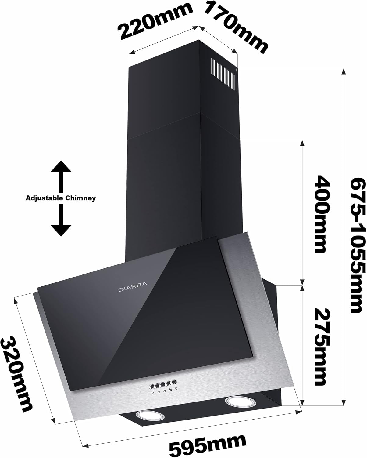 Thumbnail 4 de CIARRA Campana Extractora 60cm Extractor Cocina Clase A++ 350m³/h 3 Velocidades Potencia Recirculación Interna por Filtro de Carbono de Bajo Consumo Cristal y Acero inoxidable CBCB6736C