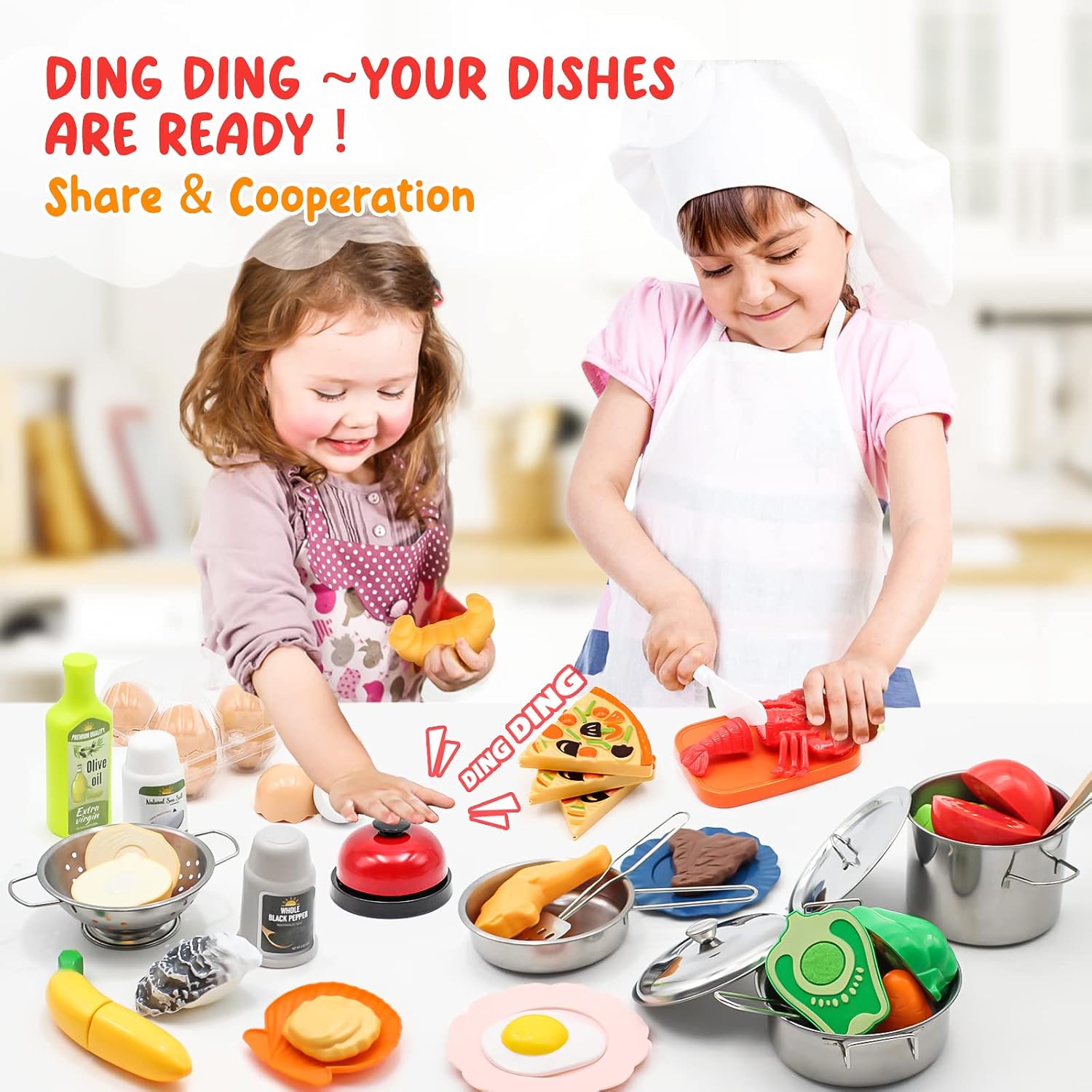 Detalle 2 de 37Items 59Pc Kids Pretend Play Kitchen Accessories Set (Stainless Steel Pots & Pans)