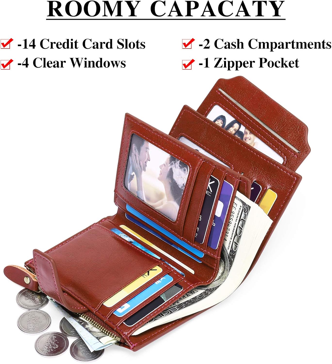 Detalle 2 de SENDEFN Women's RFID Blocking Leather Small Compact Bi-fold Zipper Pocket Wallet