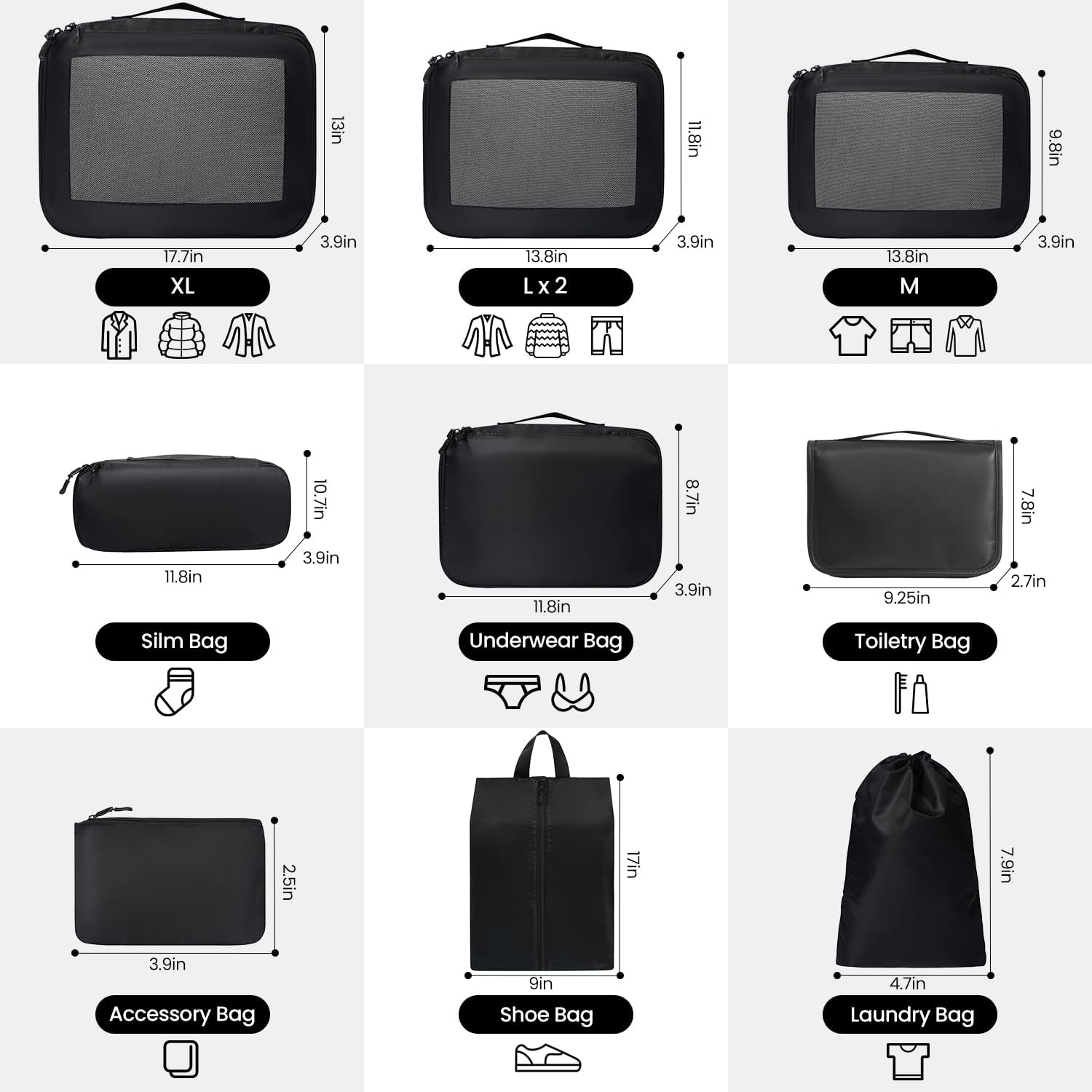 Detalle 2 de Prezon Packing Cubes for Suitcase 10 Set (Black) – lightweight travel organisers with see-through mesh
