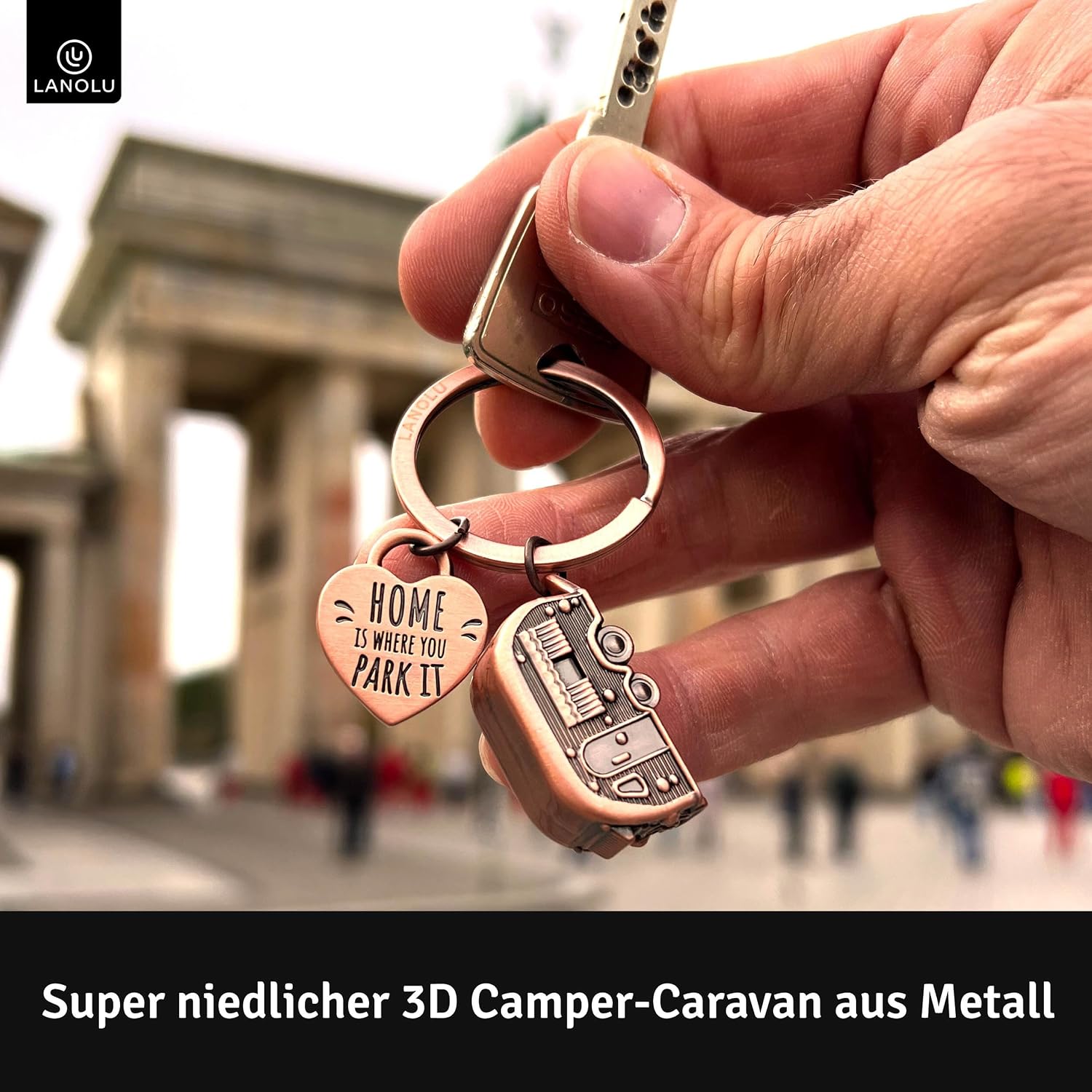 Thumbnail 3 de LANOLU Schlüsselanhänger Wohnwagen – 3D Anhänger aus Metall mit Herz-Anhänger „Home is where you Park it“