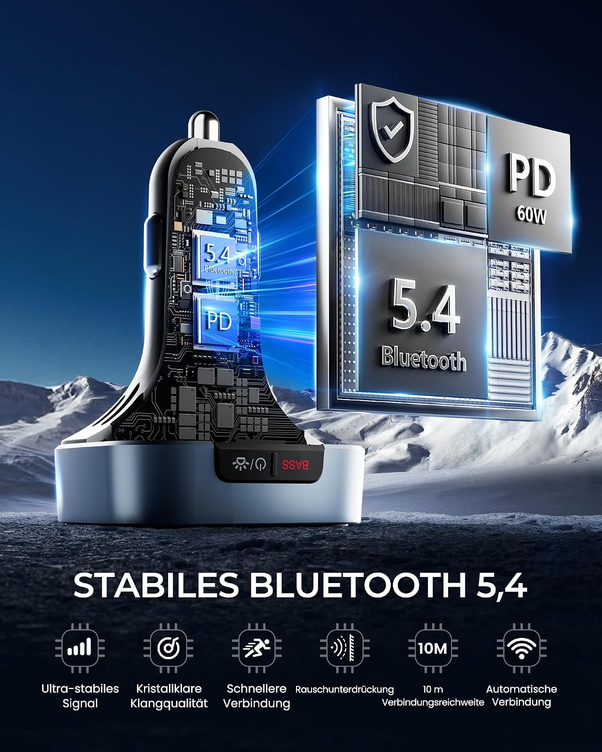 Detalle 2 de LENCENT Bluetooth 5.4 FM Transmitter 60 W