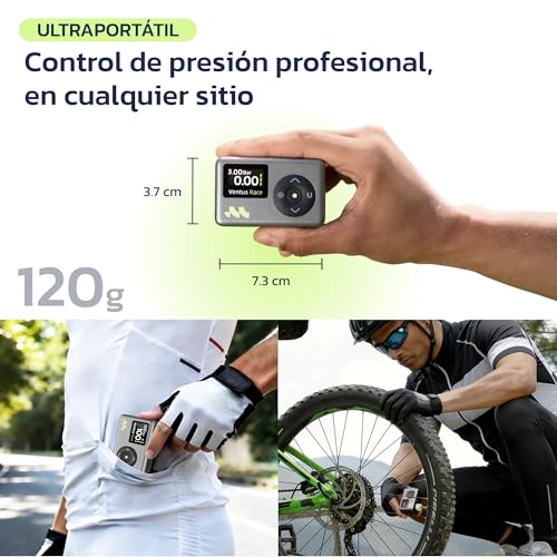 Thumbnail 2 de Woowind Ventus Race inflador eléctrico mini para bicicleta con manómetro, 120 PSI y válvulas Presta/Schrader