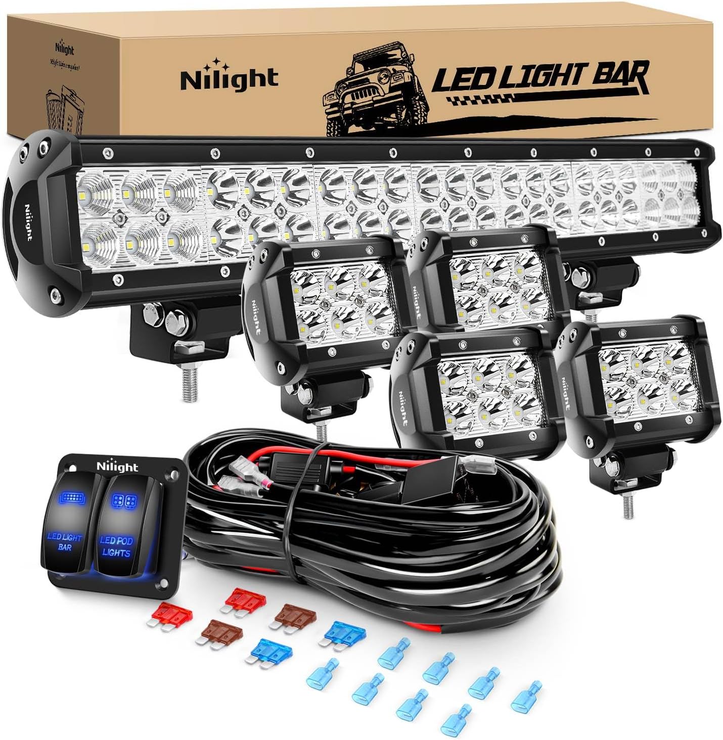 Detalle de Nilight 20-Inch 126W Spot/Flood Combo LED Light Bar with 4x 18W Pods and Wiring Harness Kit