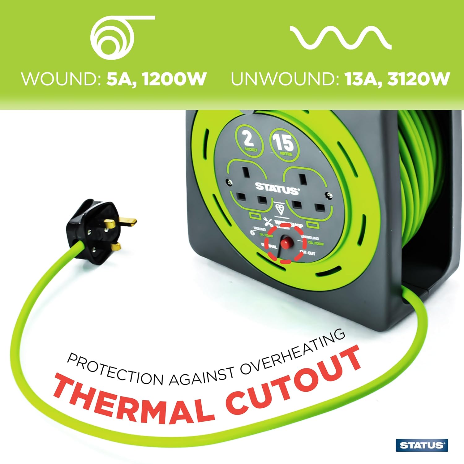 Thumbnail 4 de STATUS 2 Socket Cable Reel 15m Green Extension Lead
