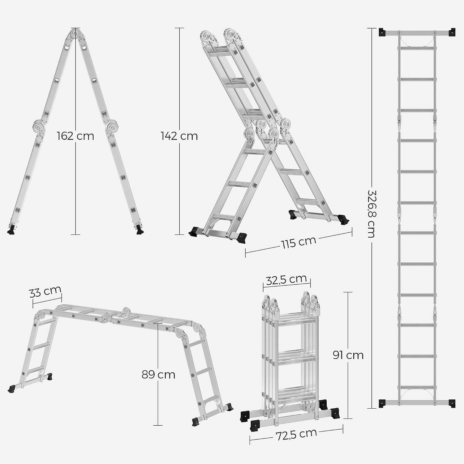 Thumbnail 3 de SONGMICS GLT36M Aluleiter als Mehrzweckleiter (4×3 Stufen, bis 150 kg, 12 Stufen, 6 Positionen, 326 cm lang)