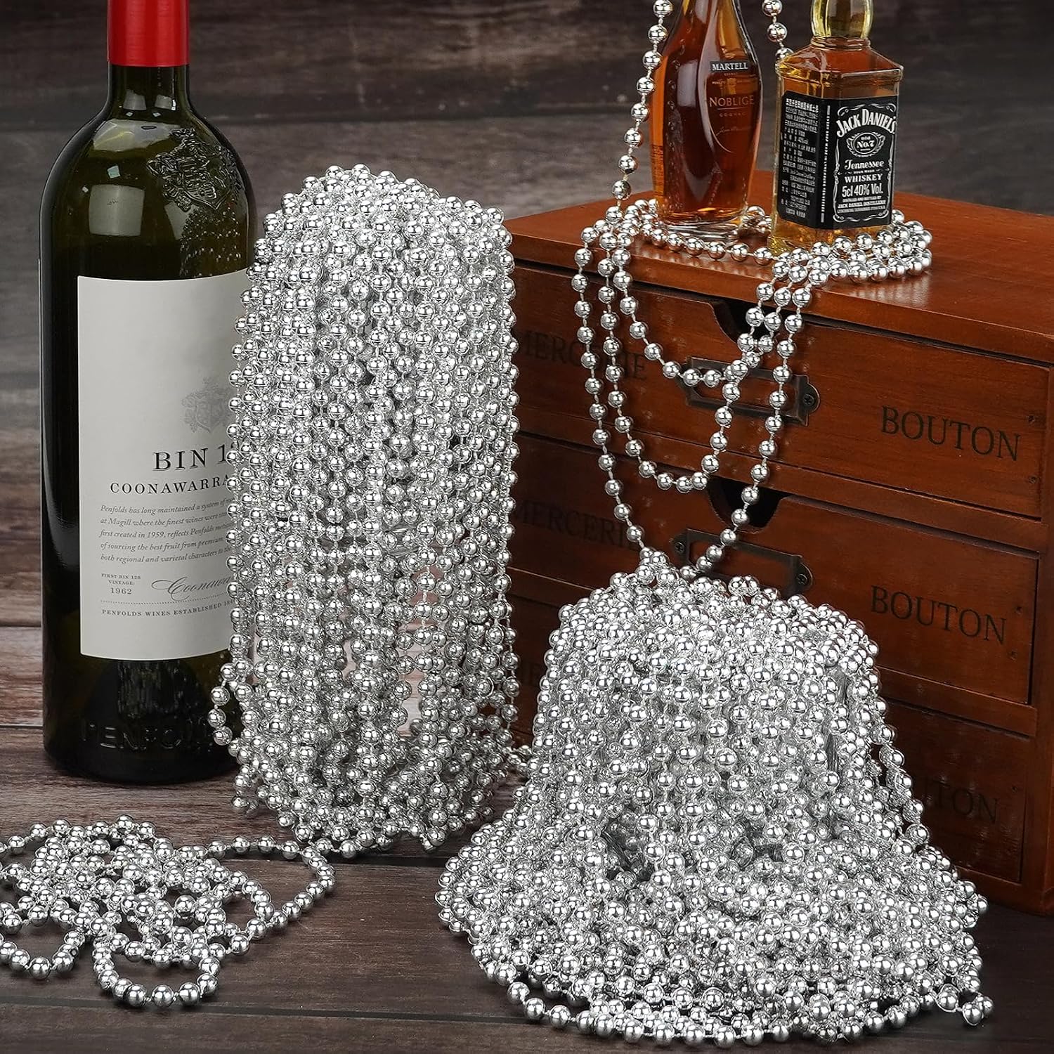 Thumbnail 2 de 120 PCS Silver Bead Necklaces (33-Inch) for Mardi Gras, Christmas, 4th of July & New Year Eve Parties