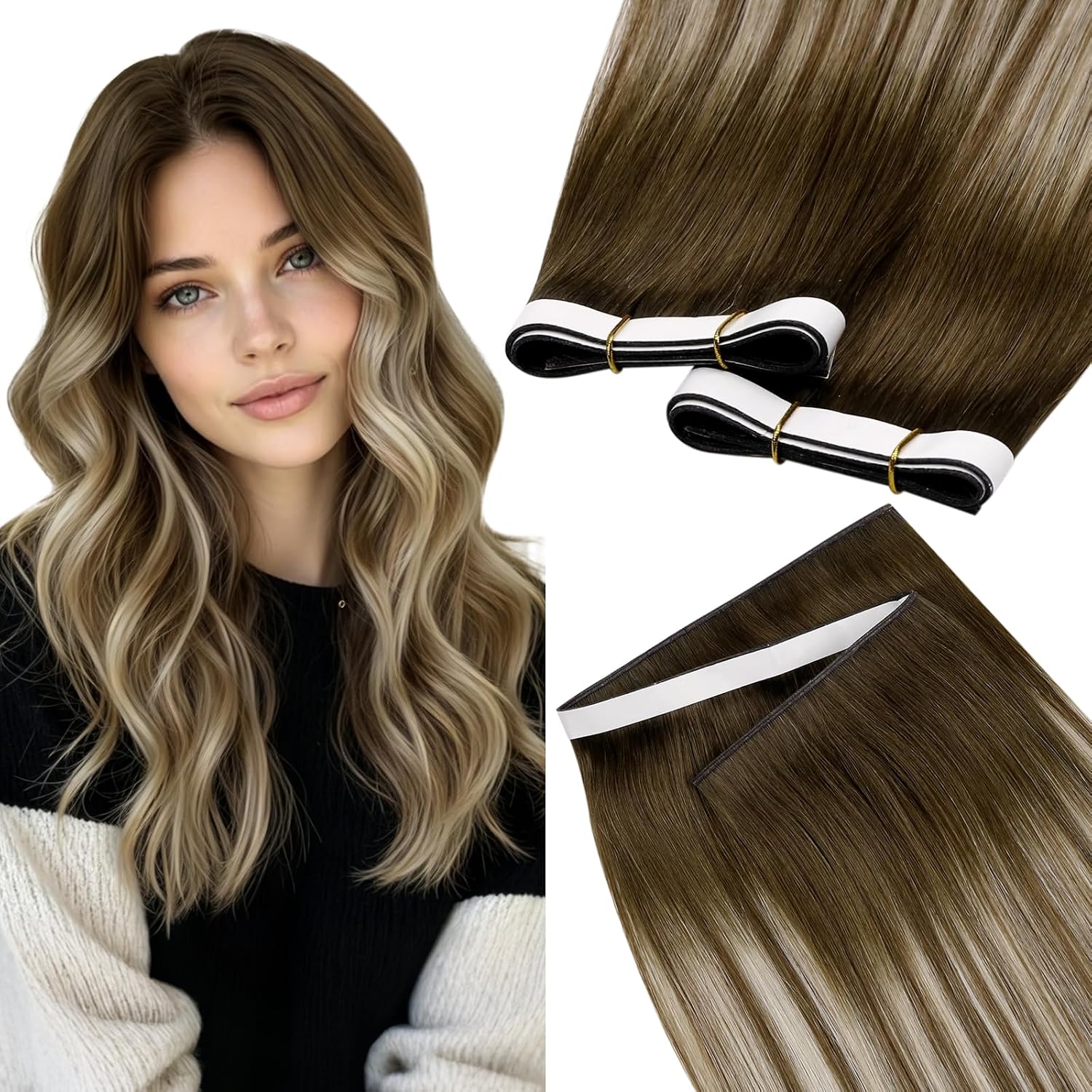 Detalle 2 de LaaVoo Tape Extensions Echthaar Balayage Blondine Ombre Platinblond – 55 cm, 20 Stück