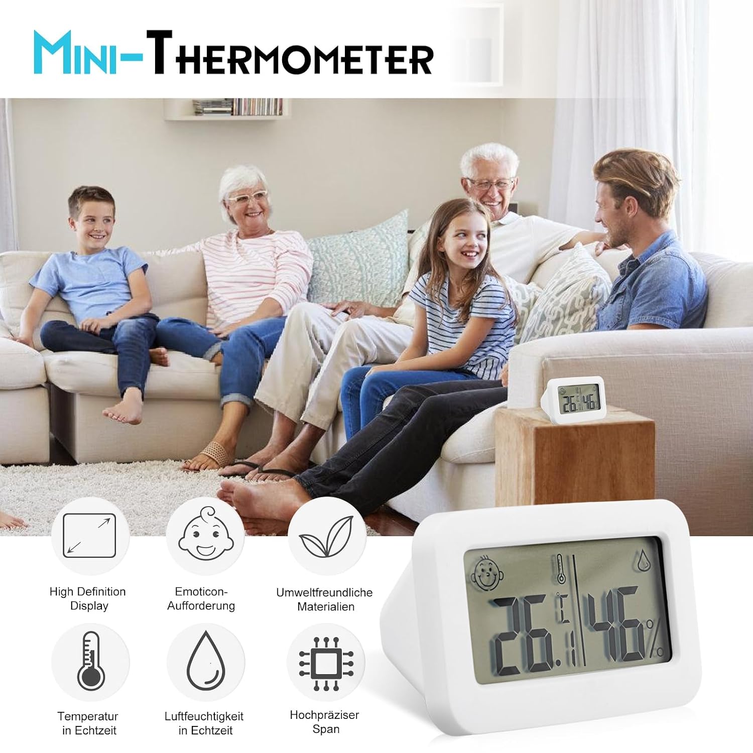 Detalle de HOSPAOP digital termohygrometer, 6-pack med smileyindikator och kompakt format