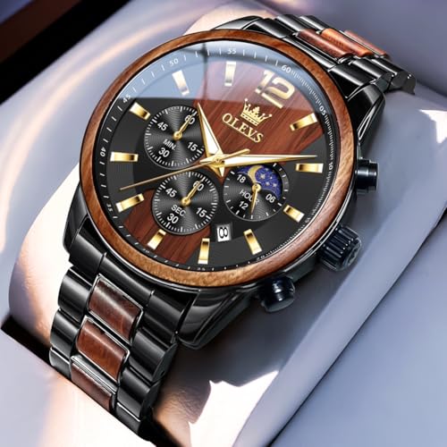Detalle de OLEVS Montre chronographe Homme à Quartz Japonais – Bracelet Bois Massif ou Acier Inoxydable, 30 m – Bois de Santal Rouge 3645