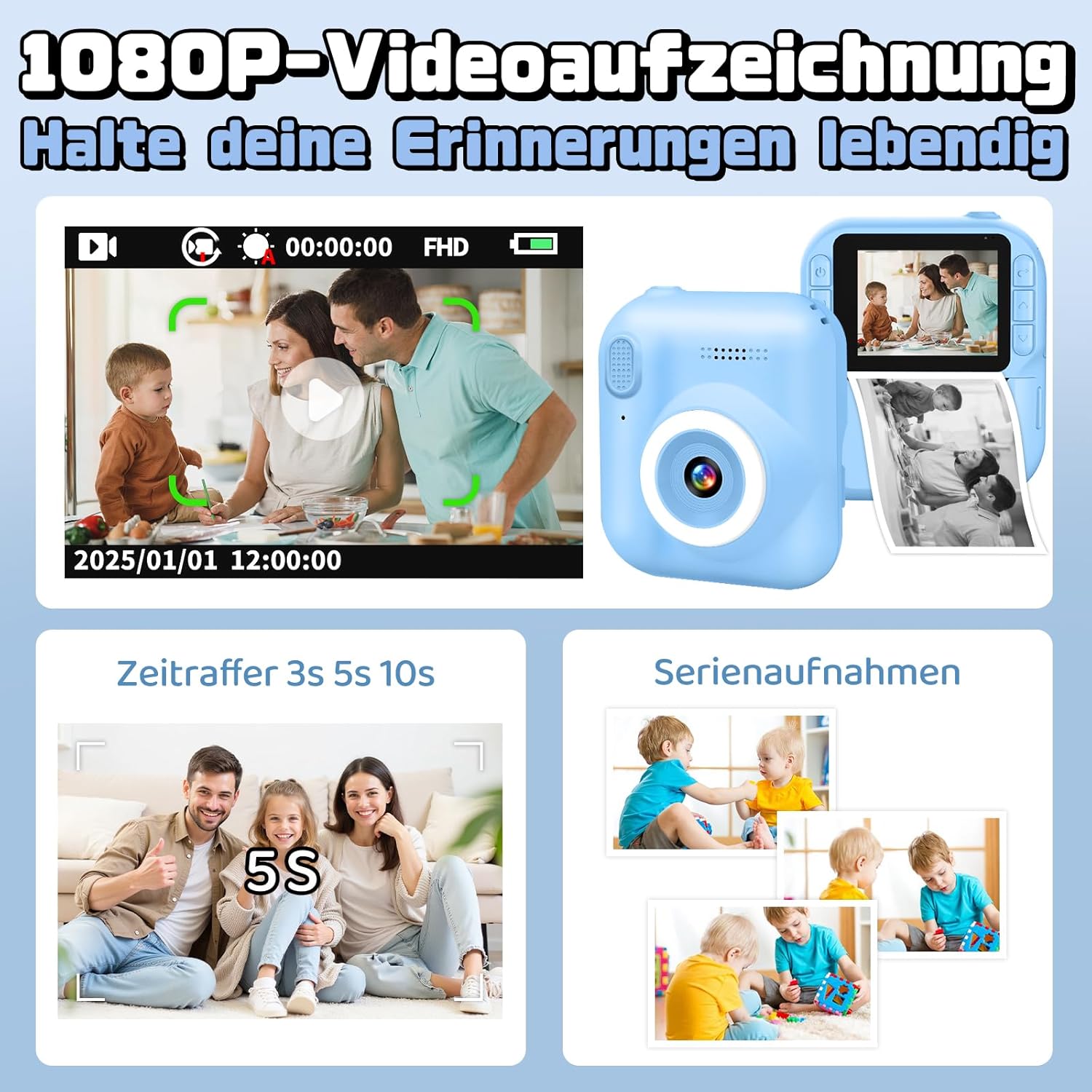 Detalle de Sofortbildkamera Kinder 1080P mit 32-GB-Karte, 2,4-Zoll-Display & Druckpapier – Geburtstags- und Weihnachtsgeschenk für 3–12 Jahre