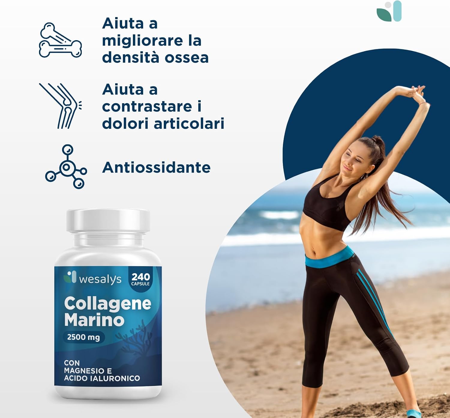 Detalle de Collagene Marino con Acido Ialuronico - Wesalys 240 Capsule: supporto pelle, capelli e articolazioni