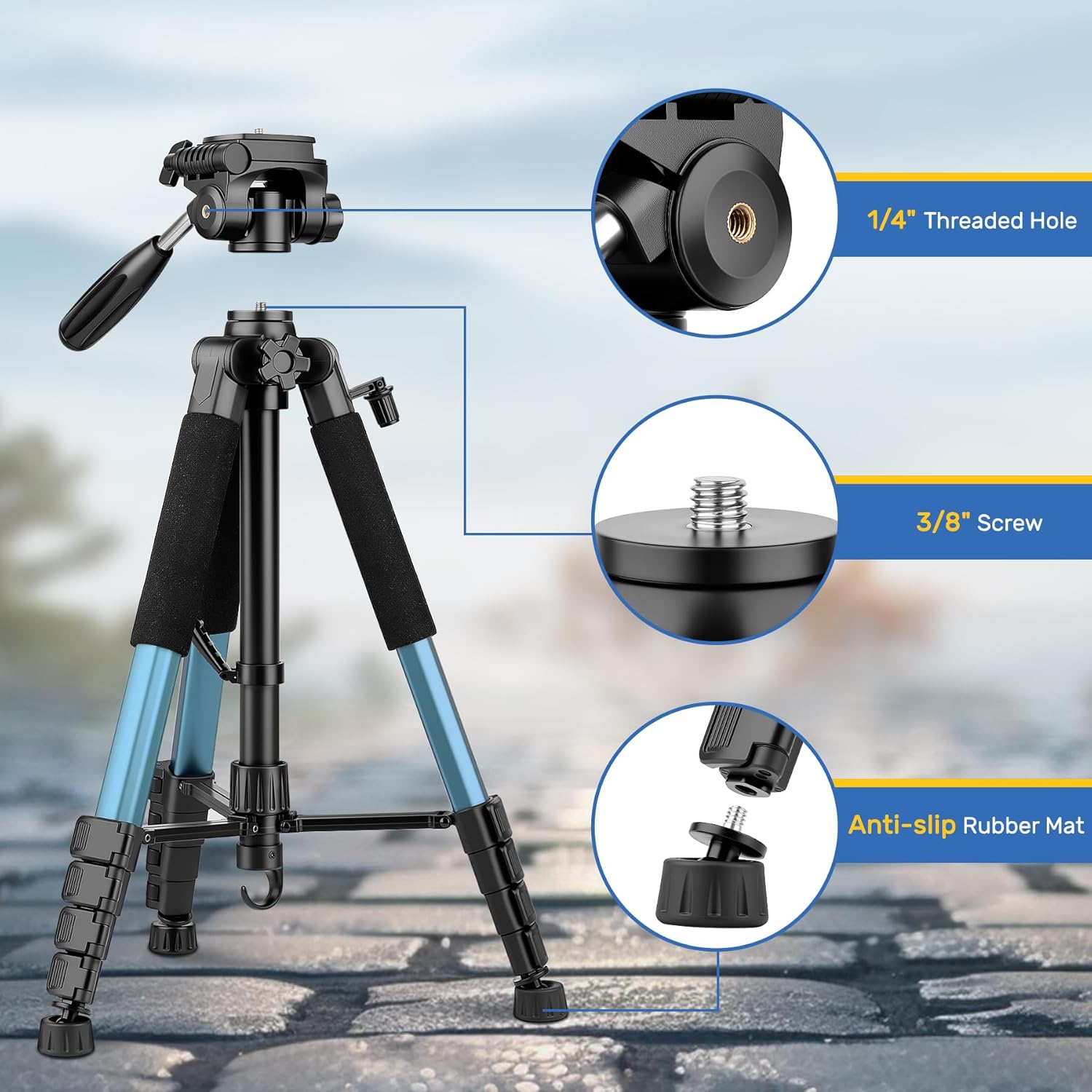 Thumbnail 6 de Victiv 188cm Camera Tripod with Detachable 3-way Swivel Head, Phone Holder & Remote Control (Blue)