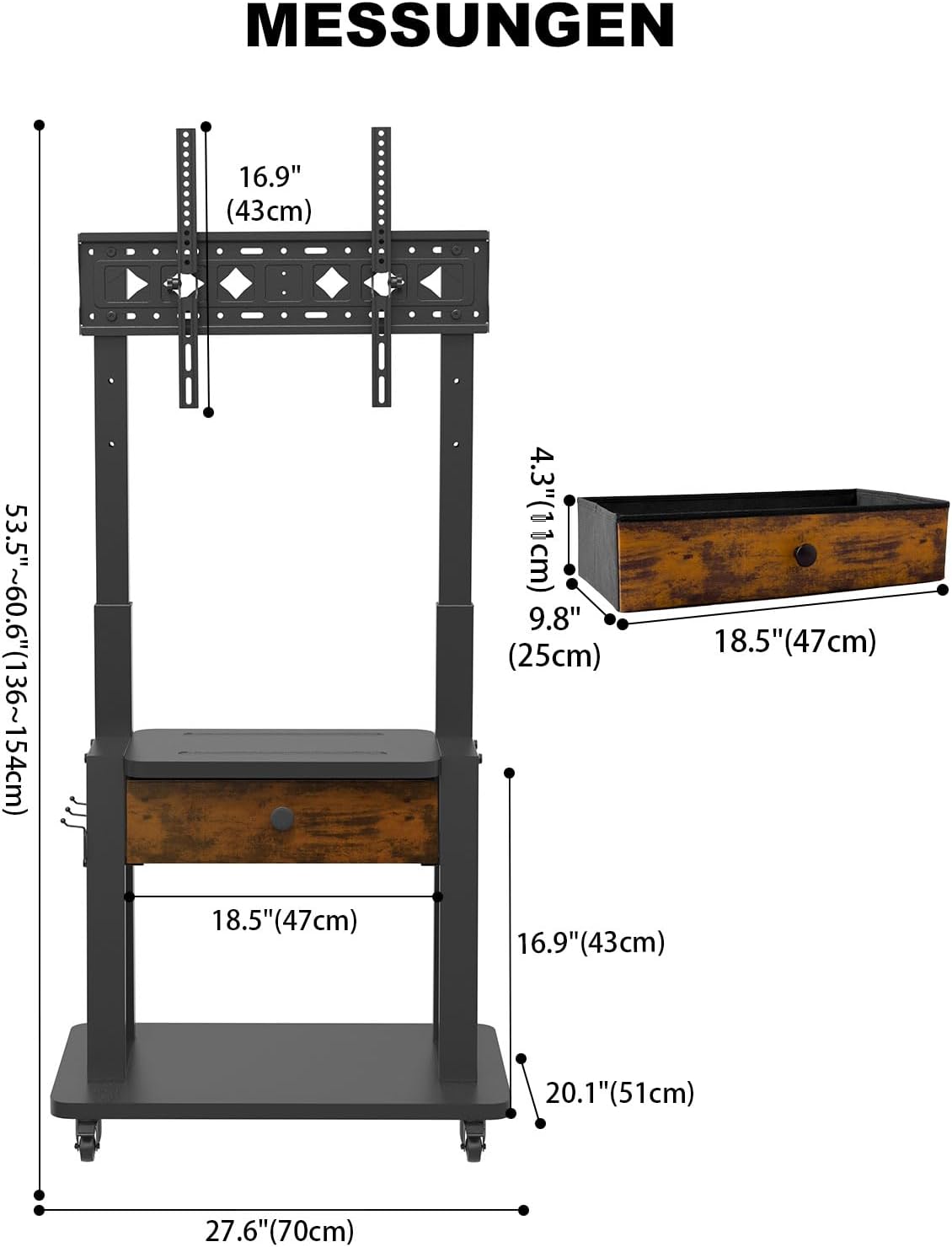 Detalle de Rollbarer TV-Ständer mit Stoffschublade für 32–75 Zoll - höhenverstellbar, rollbar und kompatibel mit VESA bis 600 × 400 mm