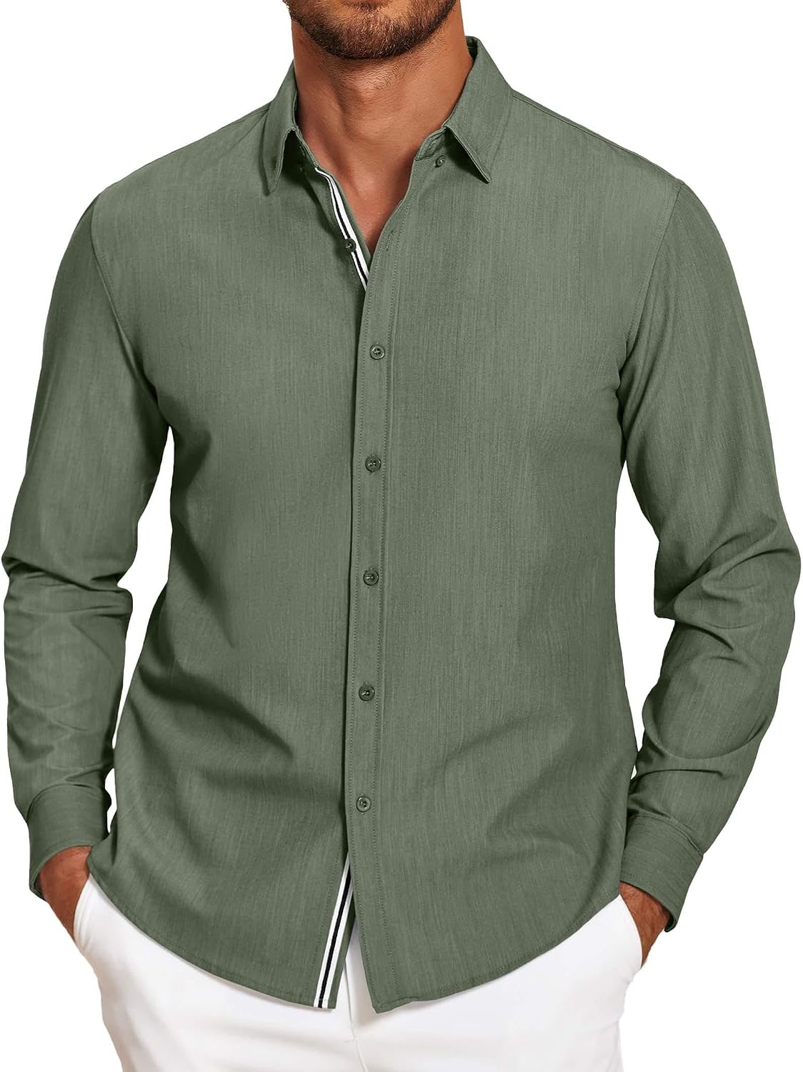 Detalle de COOFANDY Men’s Casual Button-Down Untucked Long Sleeve Stretch Denim-Style Dress Shirt
