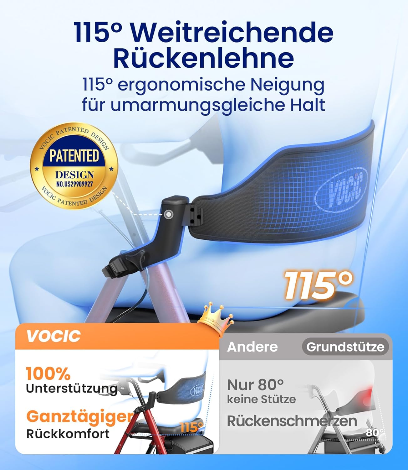 Detalle de VOCIC Rollator Faltbar und Leicht mit Sit – kompakt, 20 cm Räder und verstellbare Höhe