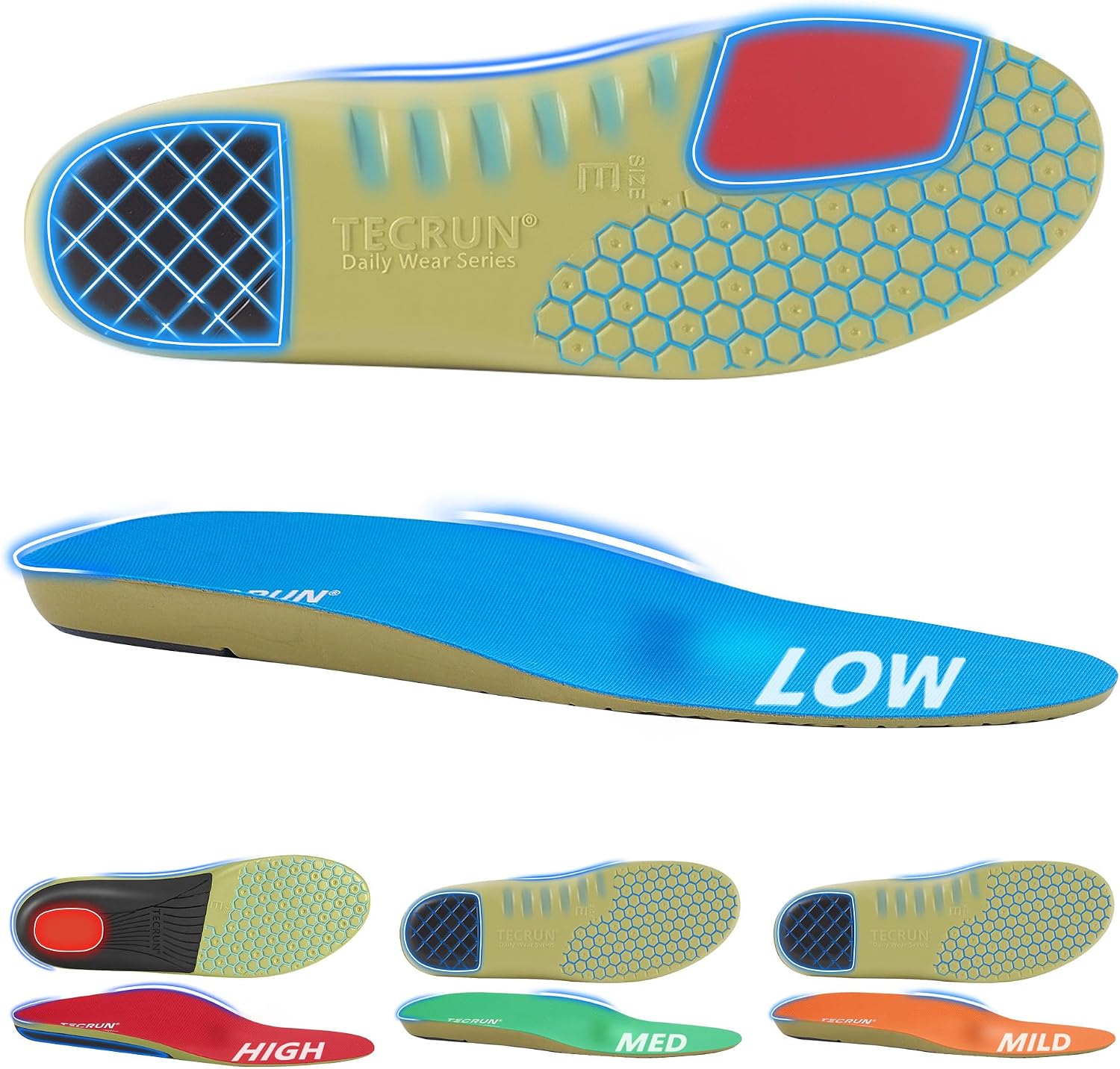 Detalle de TECRUN Plantar Fasciitis Insoles with 4 Arch Heights, Shock Absorption