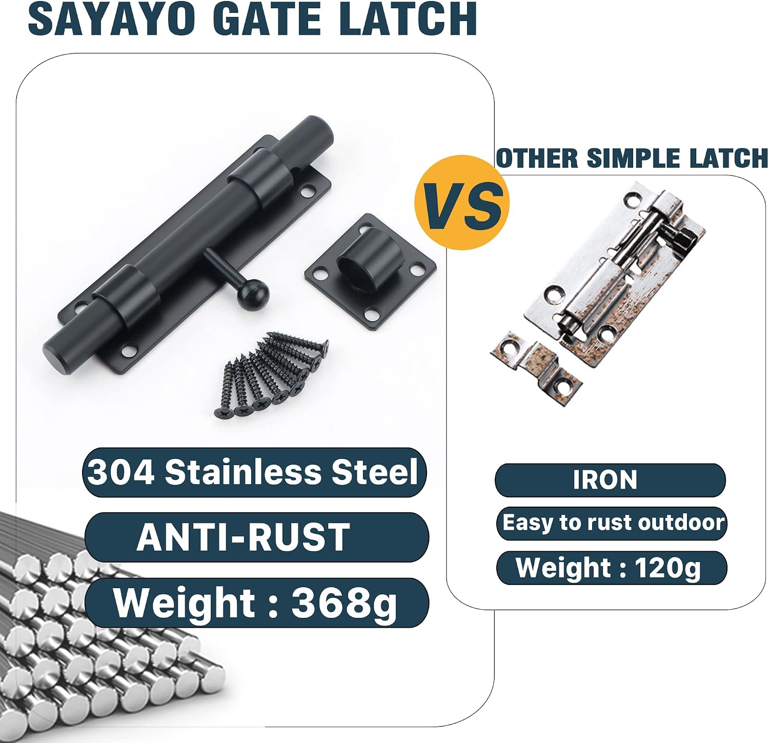 Thumbnail 4 de Sayayo EMS8000-B Slide Gate Latch Bolt — 150mm, 16mm Ø Bar, SUS304 Stainless Steel, Matte Black