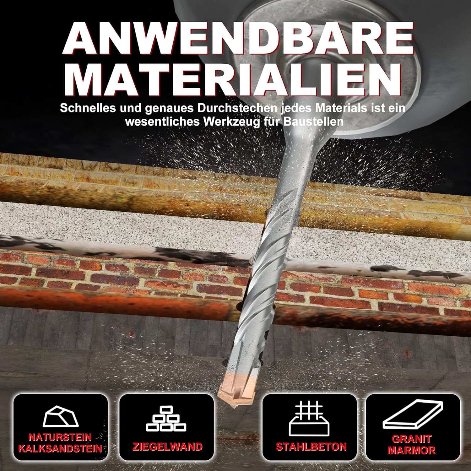 Thumbnail 5 de METOTY SDS-Plus Betonbohrer 12 mm × 210 mm mit 4 Hartmetallschneiden