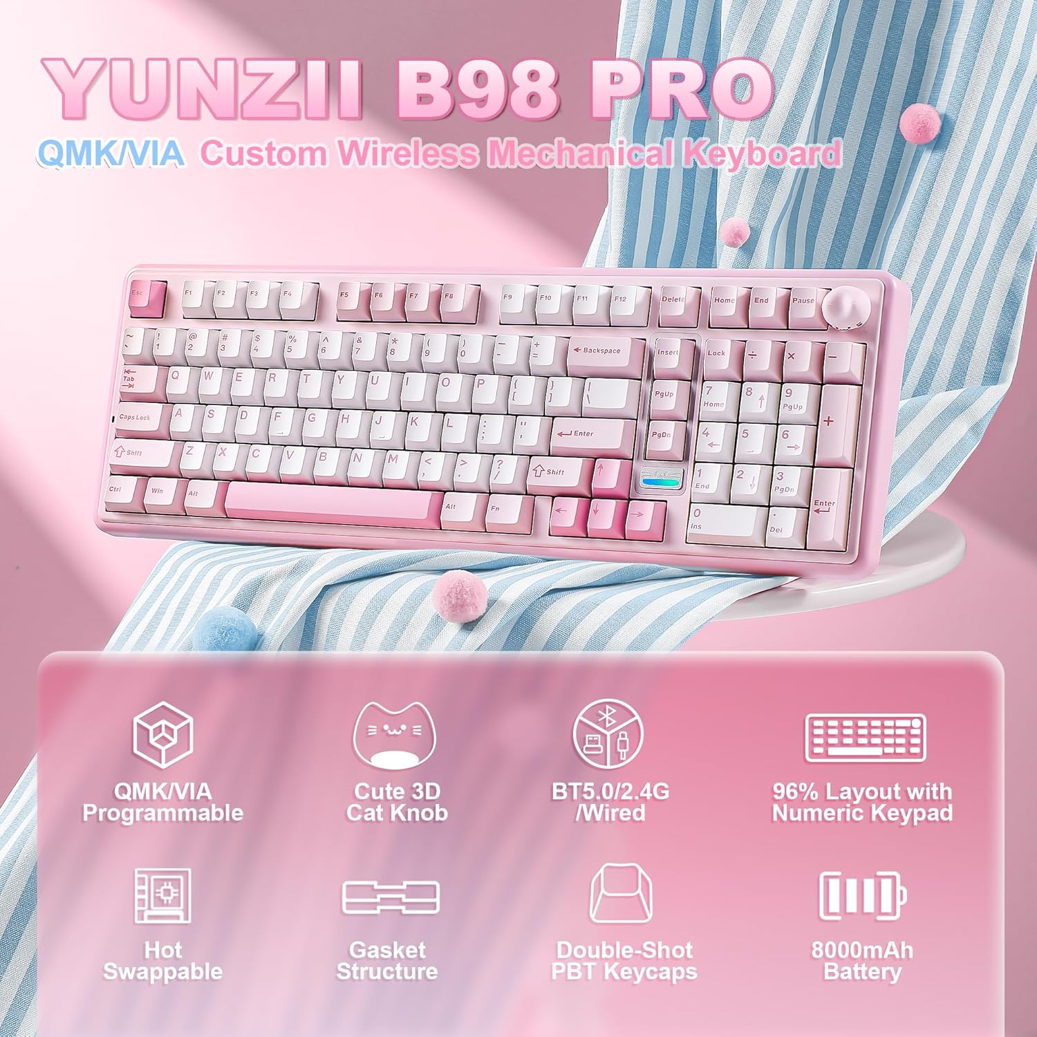 Thumbnail 1 de YUNZII B98 Pro QMK/VIA Wireless Mechanical Gaming Keyboard (96% with Numpad) — BT/2.4G/USB-C, Pink Milk V2 Linear, Cute Cat Knob