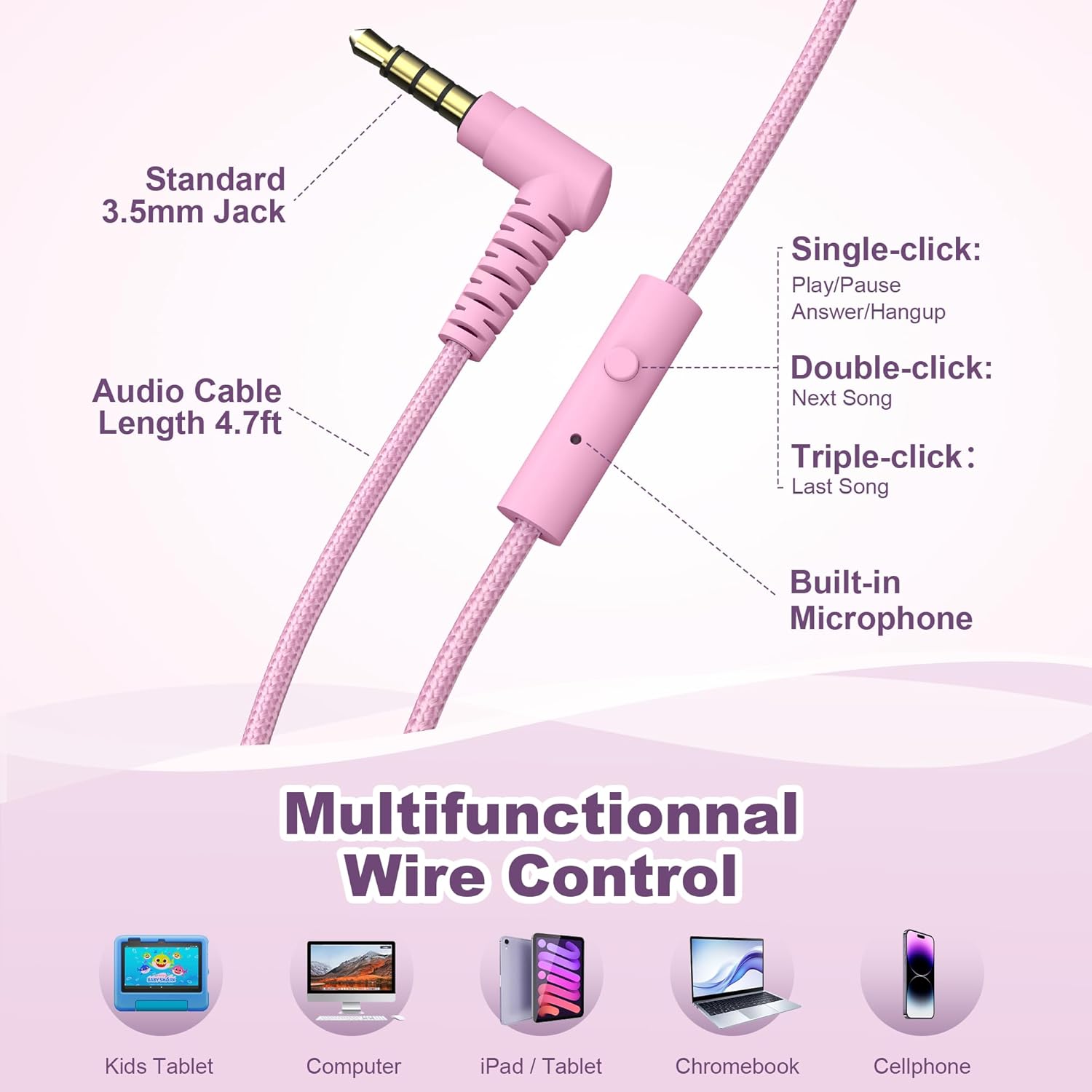 Detalle de Kids Headphones: Wired On-Ear with 93dB Volume Limiter, Foldable & Lightweight