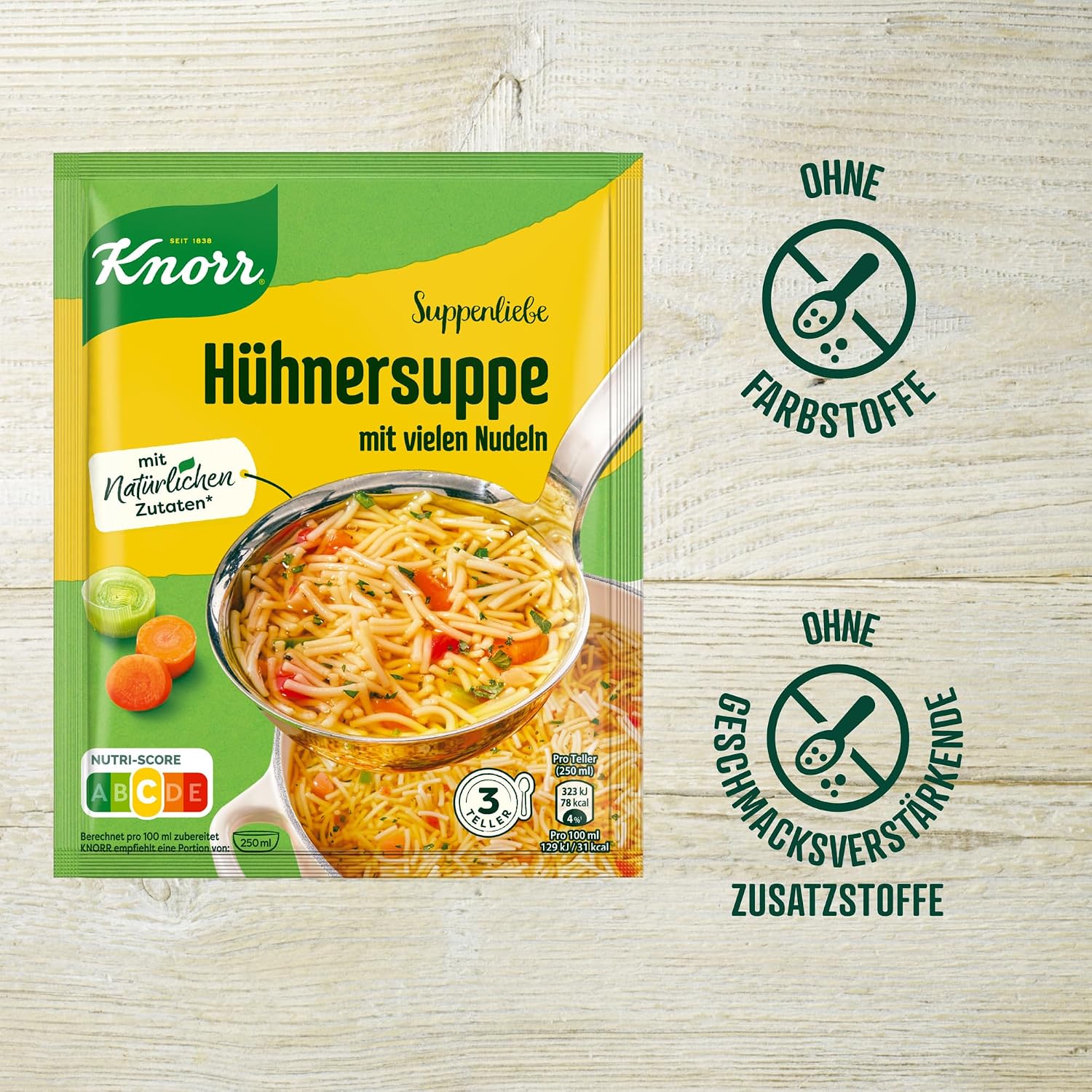 Detalle de Knorr Suppenliebe Hühnersuppe – Nudelsuppe mit vielen Nudeln, ohne Zusatzstoffe und Farbstoffe (750 ml, 3 Teller)