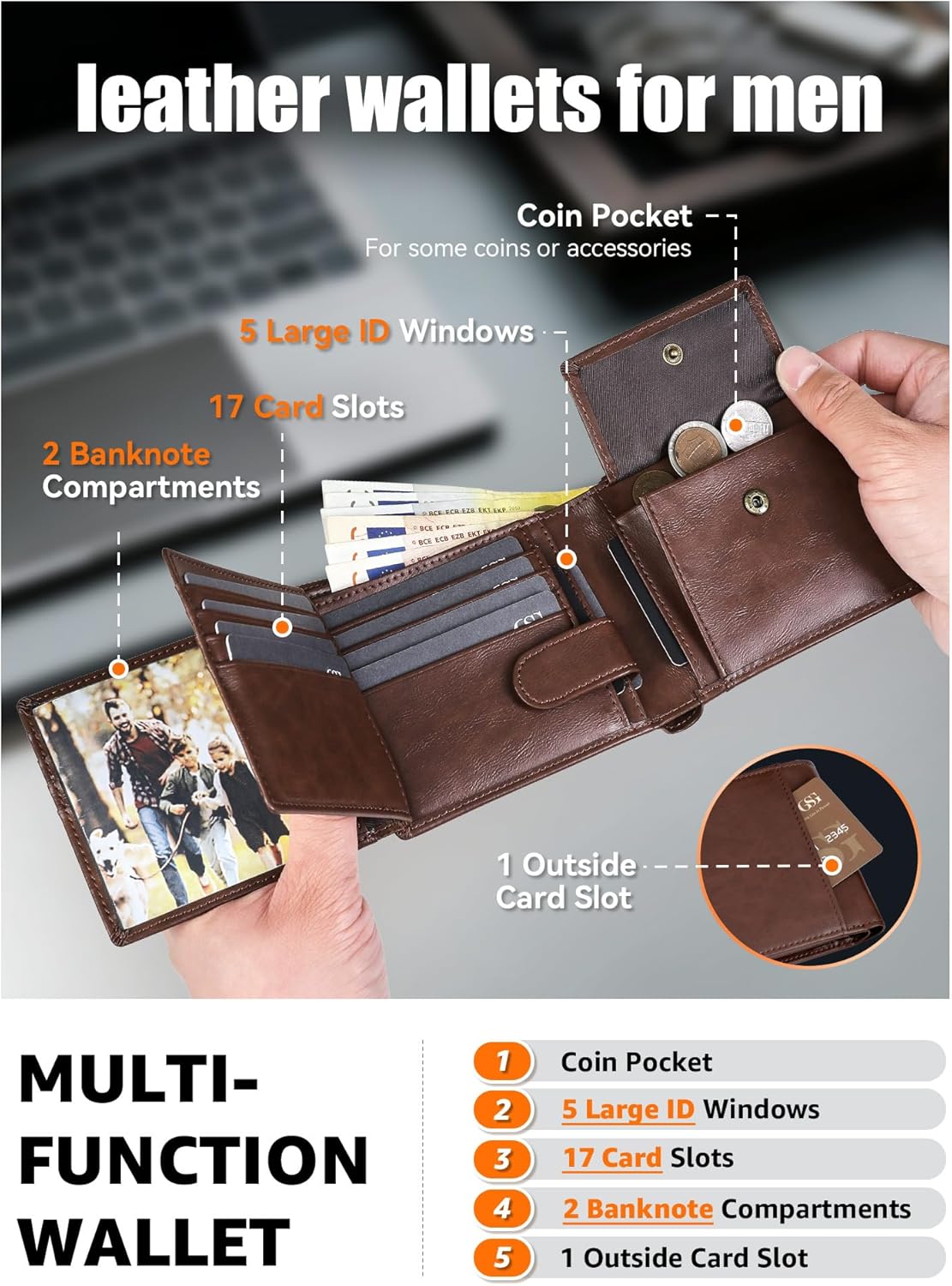 Thumbnail 1 de GSG SINCE 1998 Mens Leather Wallet with Coin Pocket – RFID Blocking, 17 Card Slots, 2 ID Windows