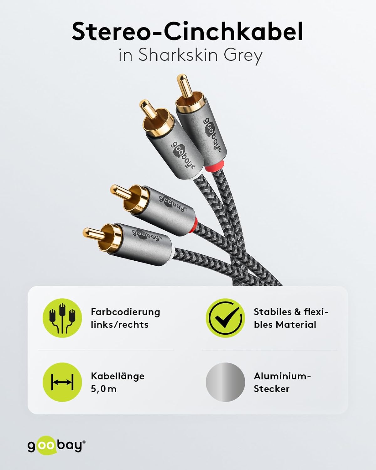 Thumbnail 1 de Goobay 65291 Stereo Cinchkabel 5 m – 2x Cinch-Stecker zu 2x Cinchstecker, RG0 Textilmantel, vergoldete Kontakte